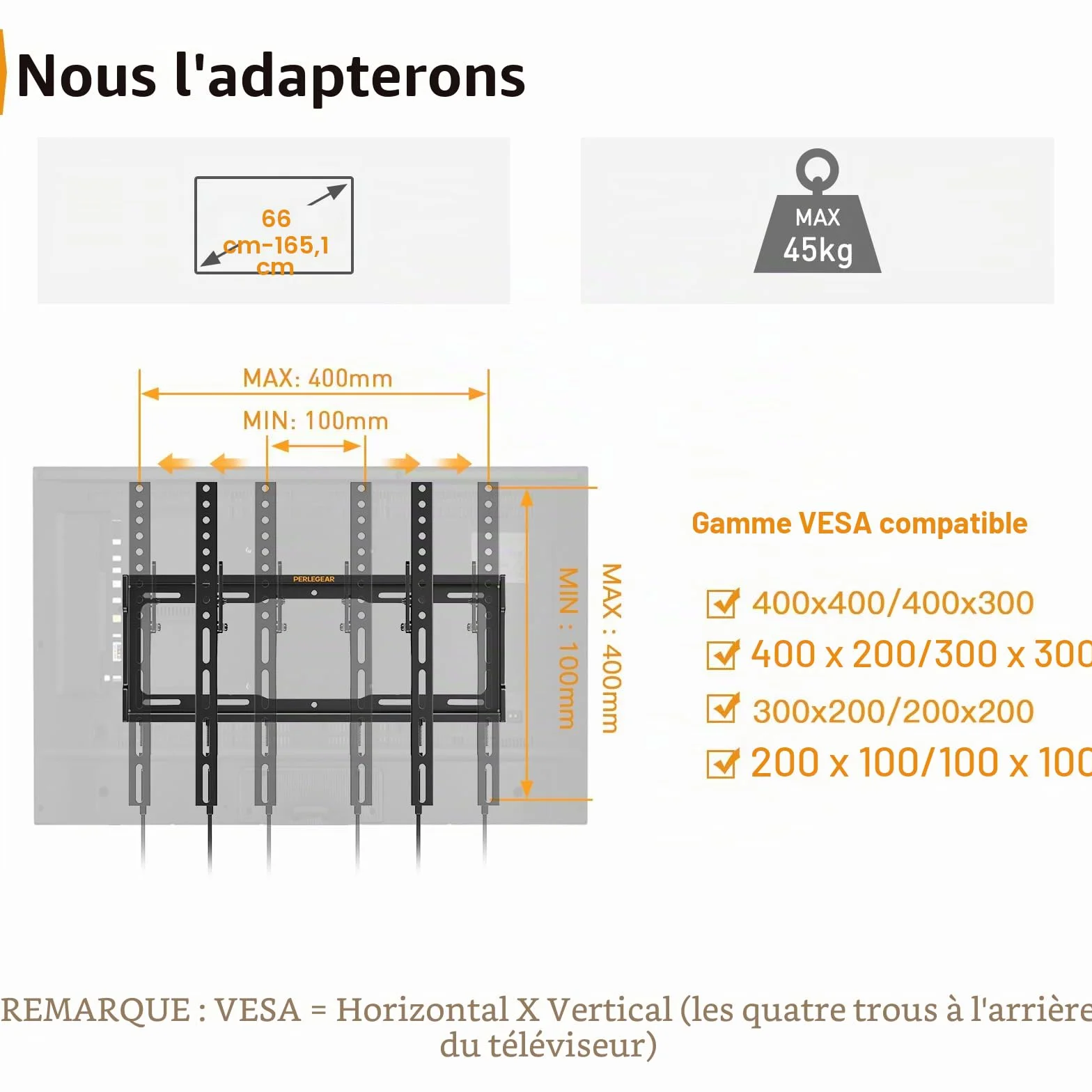 Perlegear Support Mural TV Inclinable pour LED, LCD, OLED, TV à Écran Plat de 26 à 65 Pouces, VESA Max 400×400 mm Capacité Max 45 kg