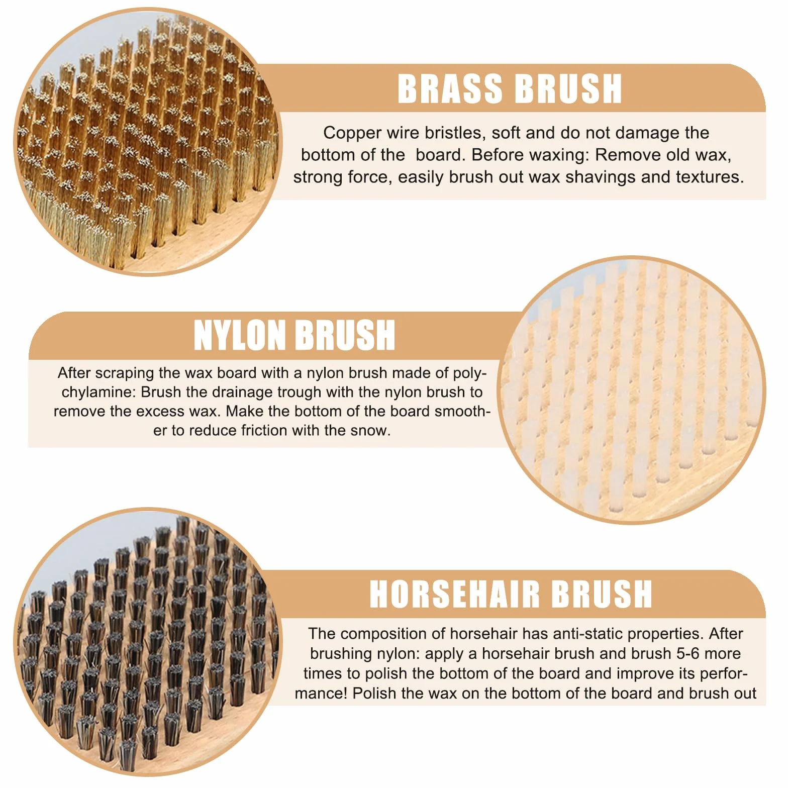 GAOUTO Lot de 3 brosses à cire pour snowboard 12,5x7x3,5 cm nylon crin cheval cuivre
