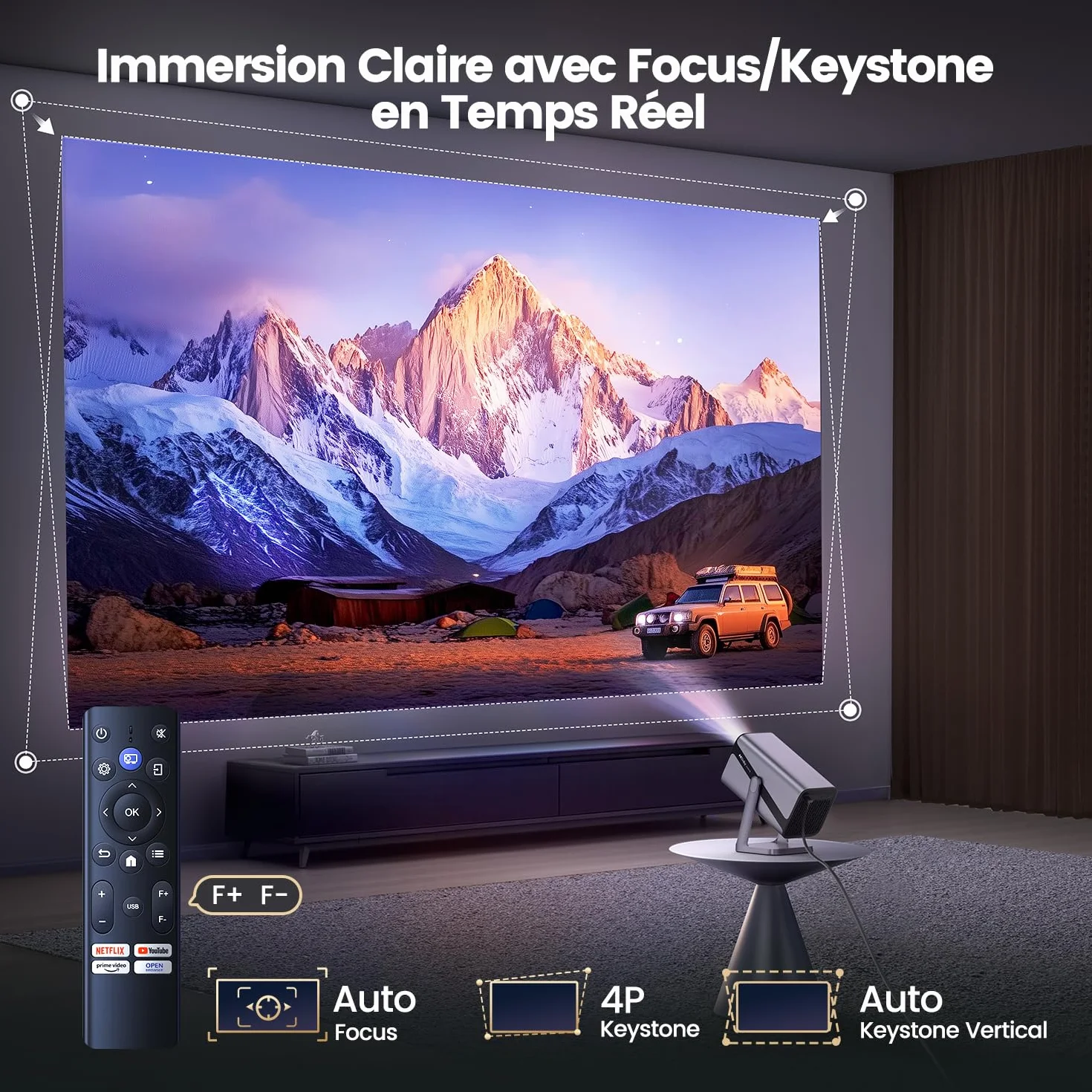 Vidéoprojecteur 4K【Netflix Ready/Dolby】 Auto Focus/Keystone 30000 Lumens Projecteur Portable 4K Courte Focale, Rotatif 360° Rétroprojecteur WiFi6 Bluetooth FHD 1080P Zoom 50% Projecteur Home Cinéma