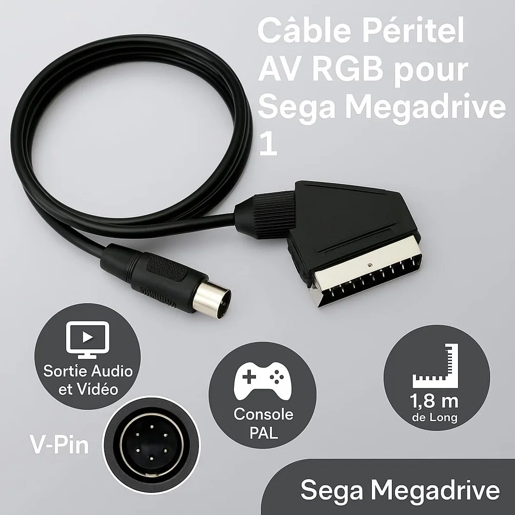 Câble Péritel AV RGB SCART pour Sega Megadrive 1 PAL – Genesis – Vpin – Connexion Haute Qualité – 1,80 m