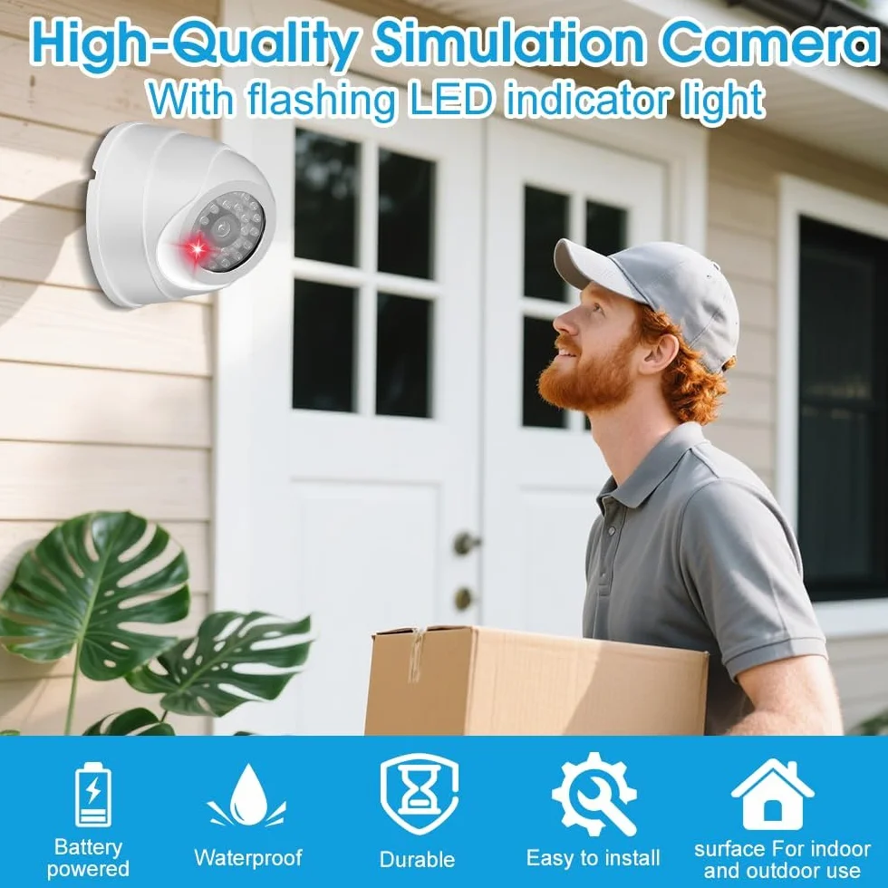2Pcs Camera Factice, Caméra de Surveillance Factice avec LED Infrarouge Clignotante Rouge Fausse Caméra pour Extérieur Intérieur pour Les Entreprises Magasins Accueil (Blanc)