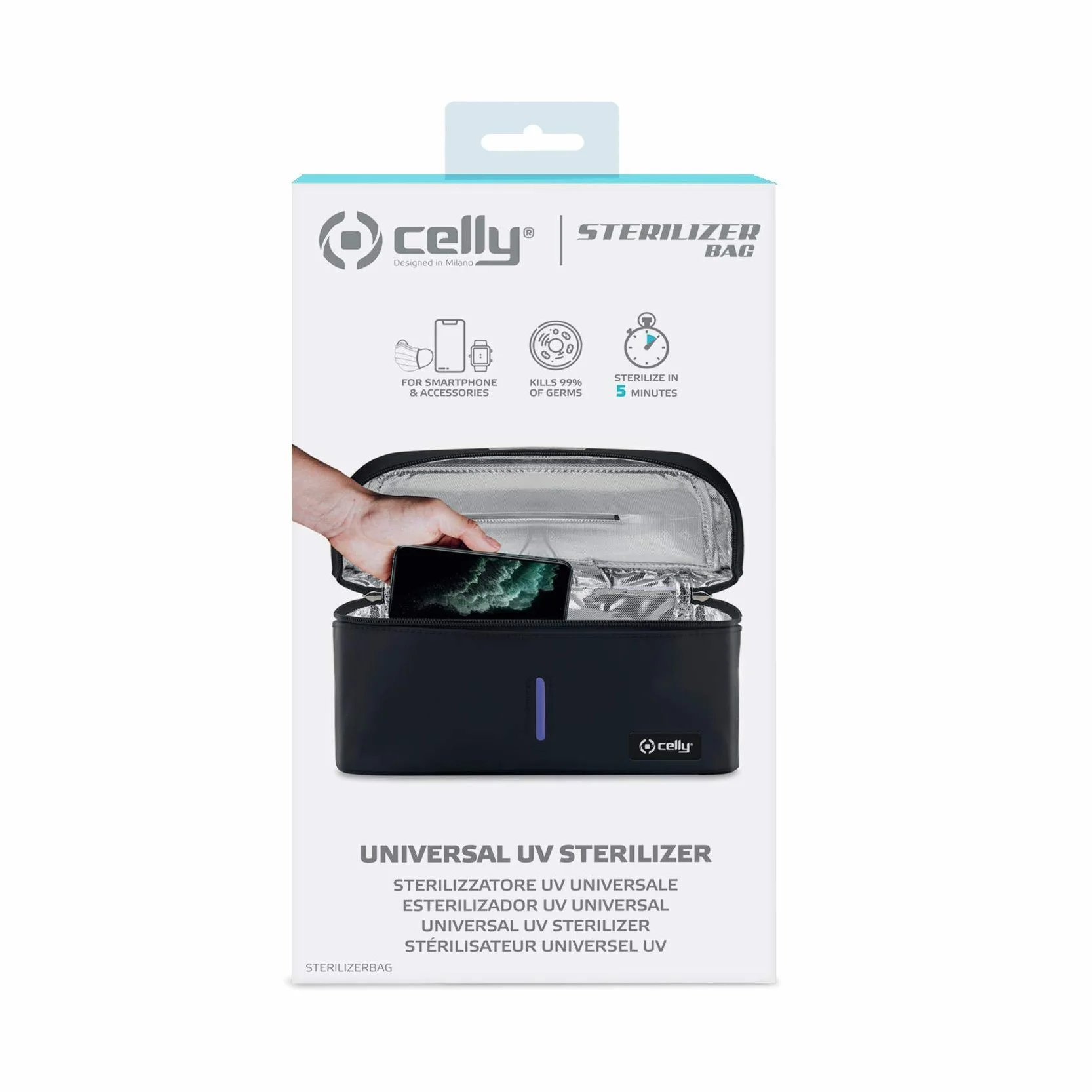 Celly Machine de stérilisation Universelle à Rayons UV (certifications), Sac désinfectant avec Rayons UV-C pour Smartphones et Accessoires, tablettes jusqu'à 8", Montres, Masques, Gants.