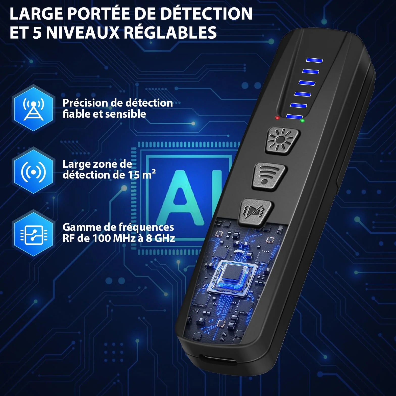 Detecteur de Camera et Micro Espion, Detecteur de Traceur GPS Voiture, Détecteur de Caméra Espion WiFi et Scanner RF pour Hôtel, Salle de Bains, Voiture, Bureau et Voyage