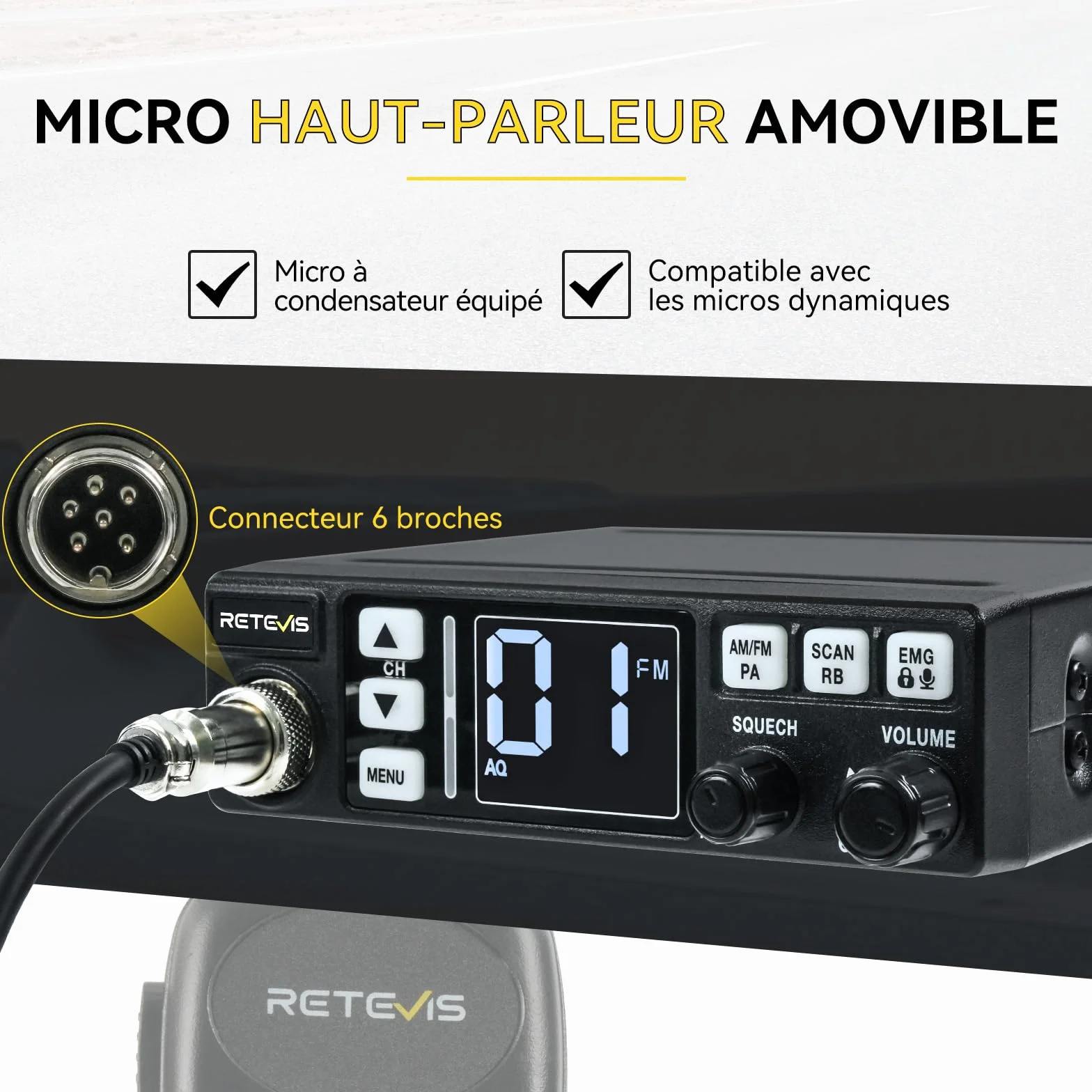 Retevis MB63 Radio CB Mobile Kit Complet avec Antenne AM/FM/PA Écran LCD VOX SQ/ASQ EMG CH9/19 Noir