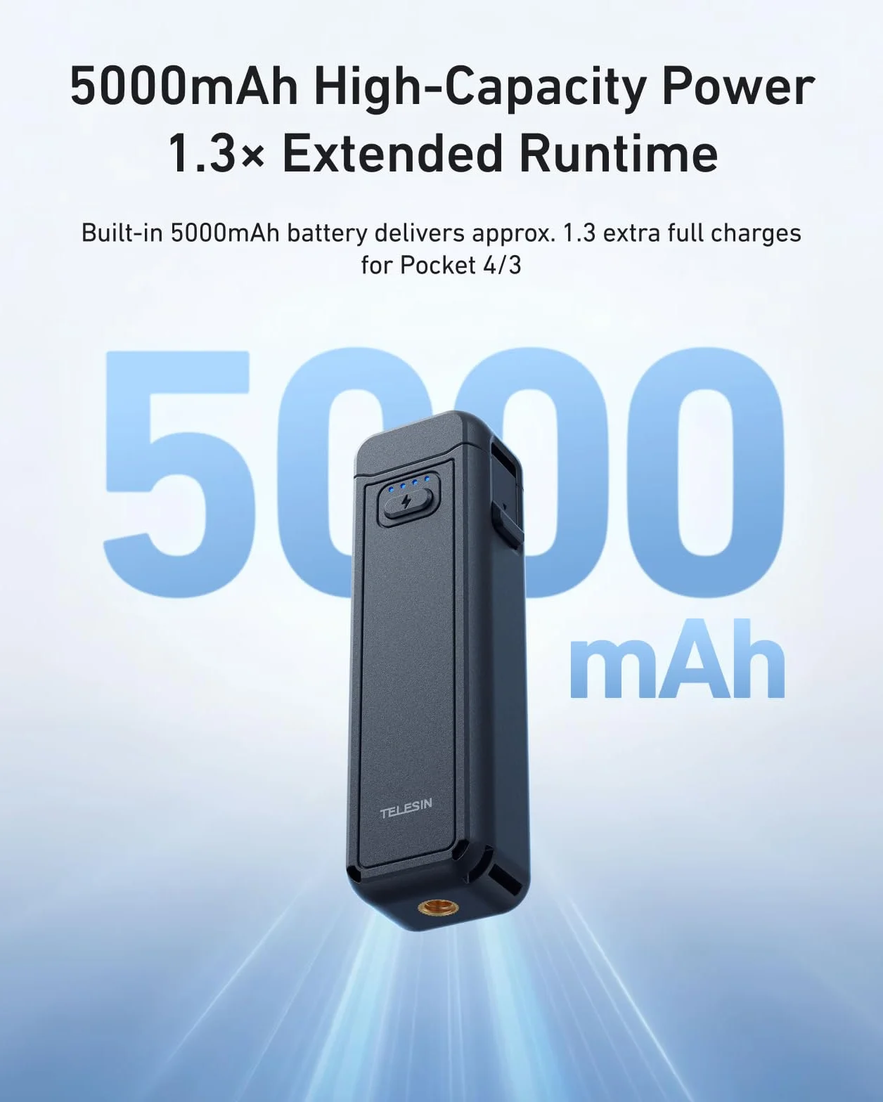 TELESIN Poignée Batterie pour DJI Osmo Pocket 4/3, Batterie 5000mAh Haute Capacité, Grip Powerbank 1.3X Autonomie Étendue, Support Trépied Vlogging, Accessoire Portable pour Voyage, Vlog