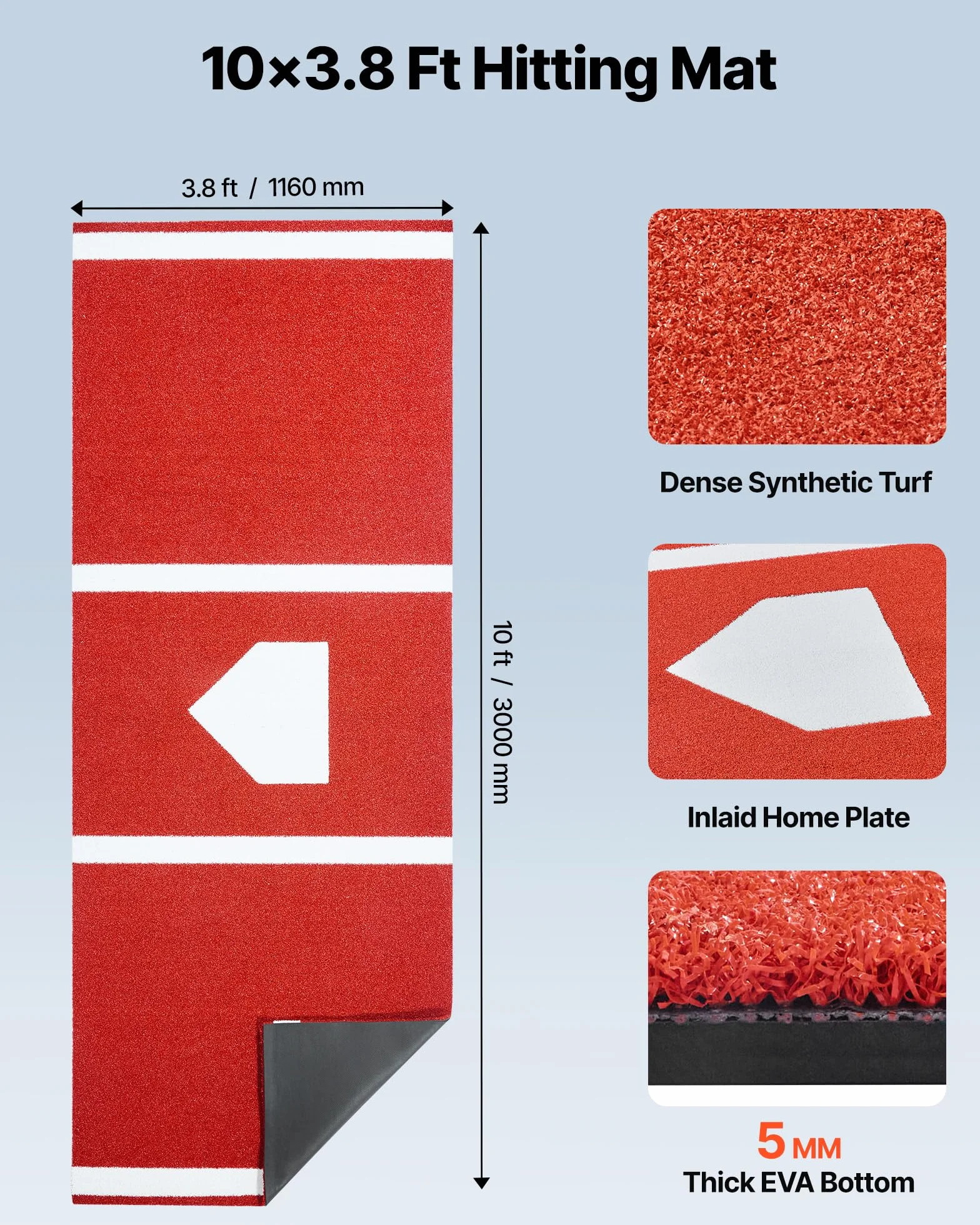 VEVOR Tapis de Frappe Baseball 300x116 cm Gazon Synthétique Anti-décoloration Entraînement Softball Rouge