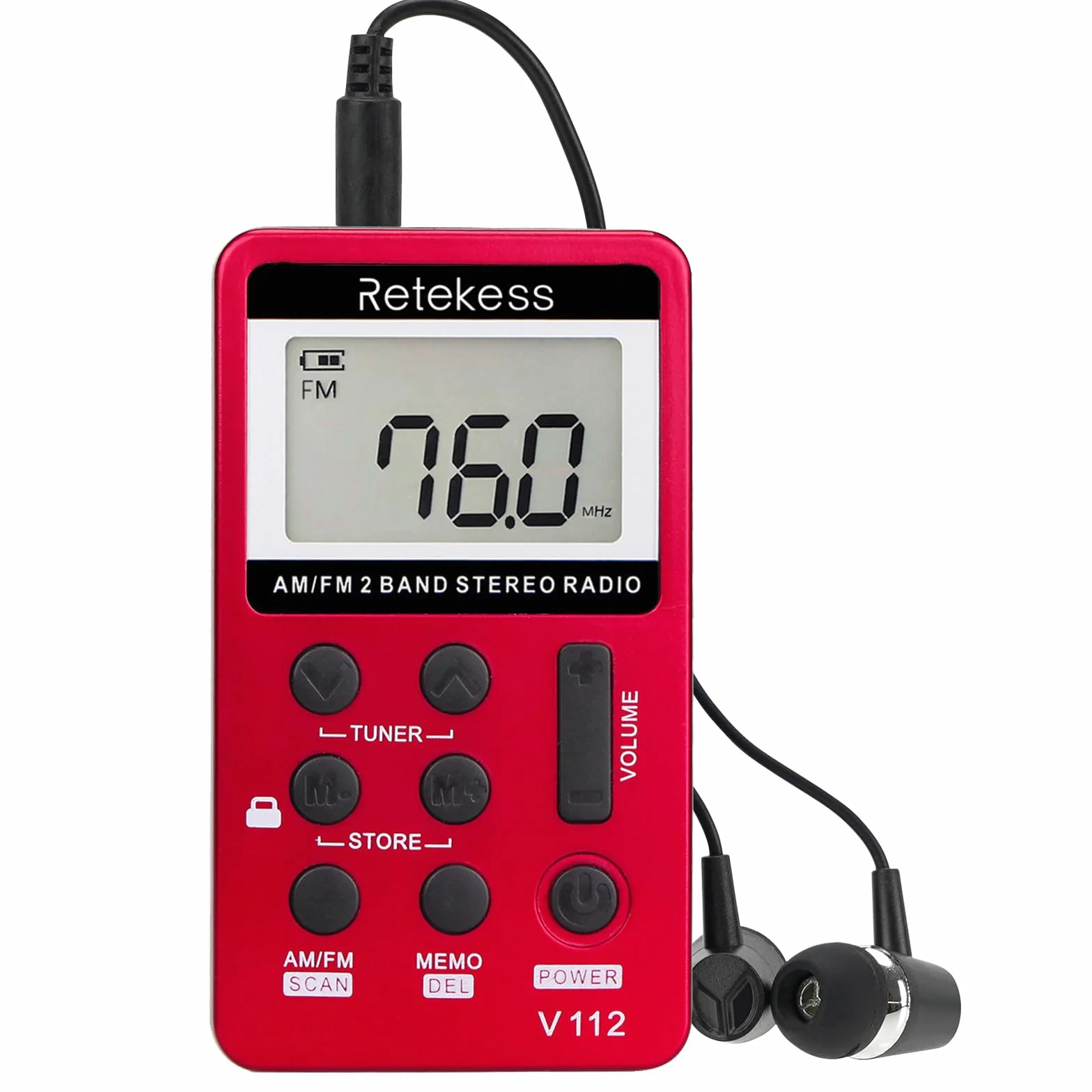 Retekess V112 Mini Radio FM de Poche,Radio Portable,FM AM,Prise Casque,d'Extérieur,Convient pour Course à Pied,de Sport,Randonnée,Le Camping(Rouge)