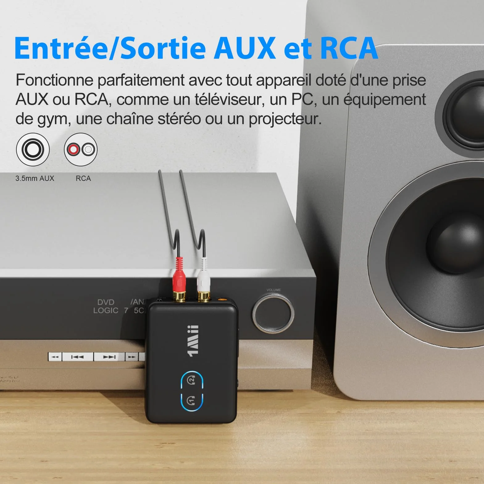 1Mii ML302 Transmetteur Récepteur Audio Bluetooth 5.3, RCA 3.5mm Jack Émetteur Adaptateur Bluetooth pour 2 Casque sans Fil, Son Hi-FI aptX LL/AD/HD pour TV, Chaîne Stéréo, PC, 30H Playtime