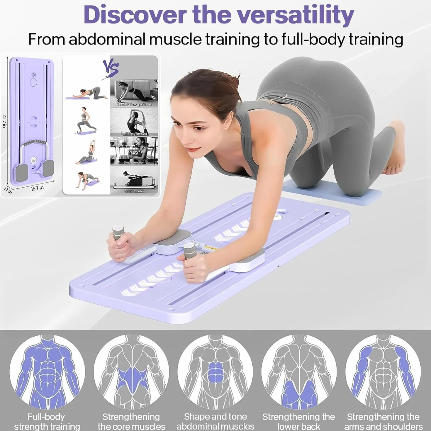 VHV Pilates Reformer Compact 5 en 1, Roue Abdominale avec Rebond Automatique et Minuterie, Ab Roller Fitness
