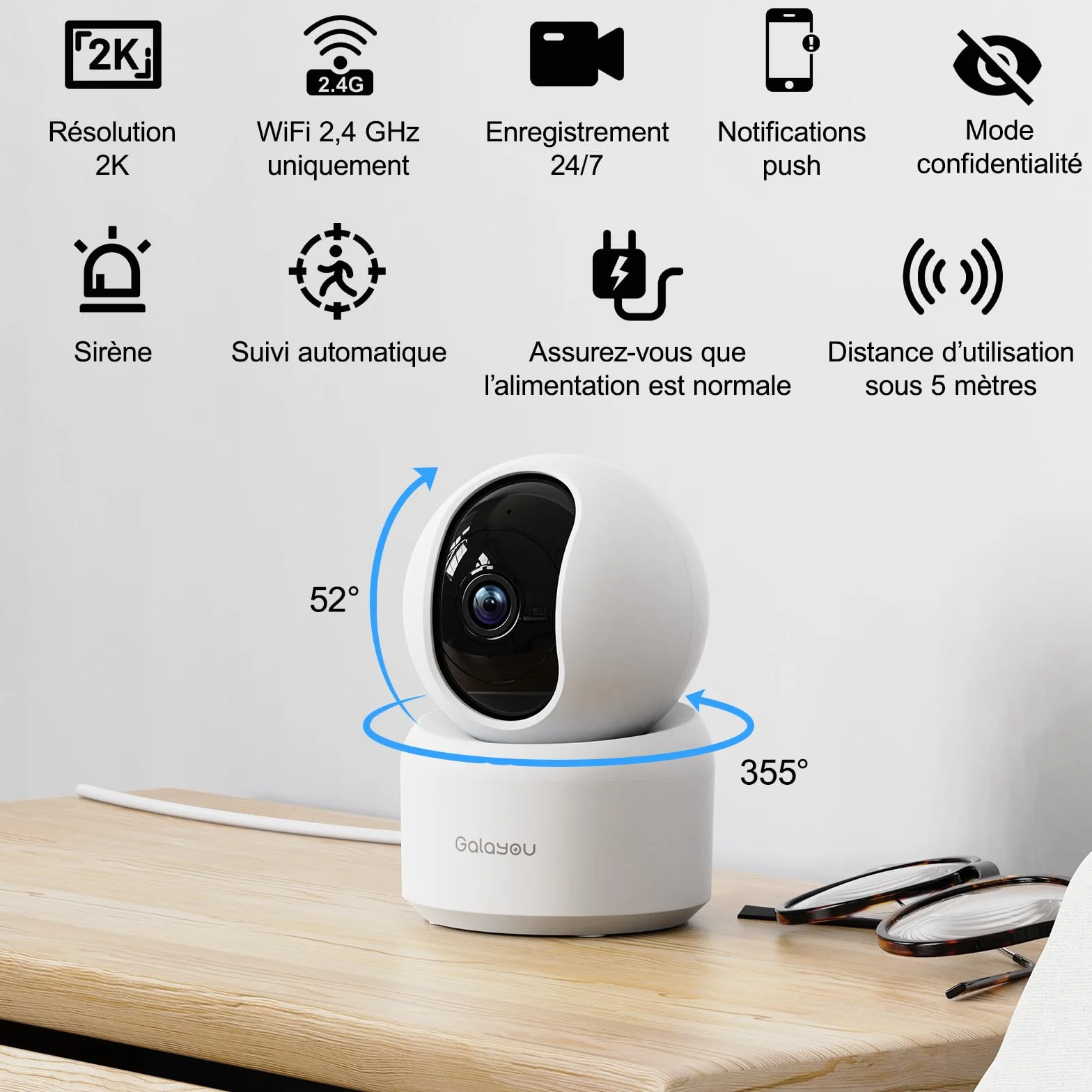 GALAYOU 2K(3MP) Camera Surveillance WiFi Intérieure - Caméra Interieur Maison 360°, Détection Humaine AI, Suivi Intelligent pour Bebe/Chien/Chat/Animaux, Alerte Instantanée G2 (Lot de 2)