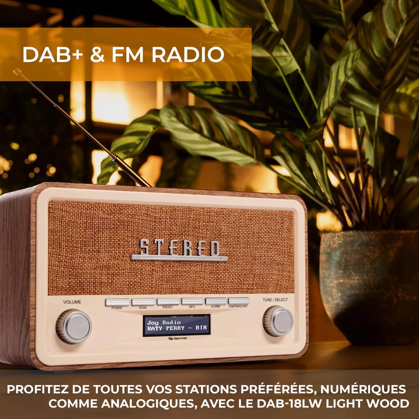 Denver DAB-18LW Radio numérique Dab+/FM Bluetooth, AUX, écran LCD, Horloge-réveil, Finition Bois Clair
