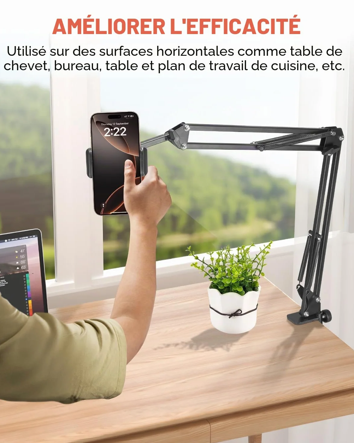 Support de téléphone portable pour lit Bras long flexible pour iPhone 15, 14, Pro Max, SE, 13, 12, 11, X, XS, 8, 7, Galaxy S23, S22, et smartphones de 4 à 7