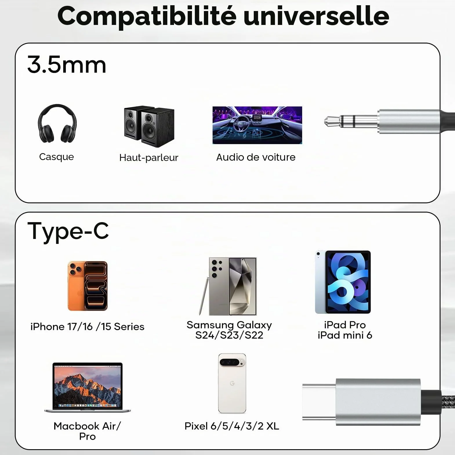 Câble USB C vers Jack 1.5M,USB C vers Auxiliaire Prise Jack 3,5mm,Adaptateur USBC Jack 3.5mm Compatible avec iPhone 17 Air Pro Max/16/15,Samsung Galaxy,S25/S24/S23 Ultra,iPad,Huawei P40/Mate40