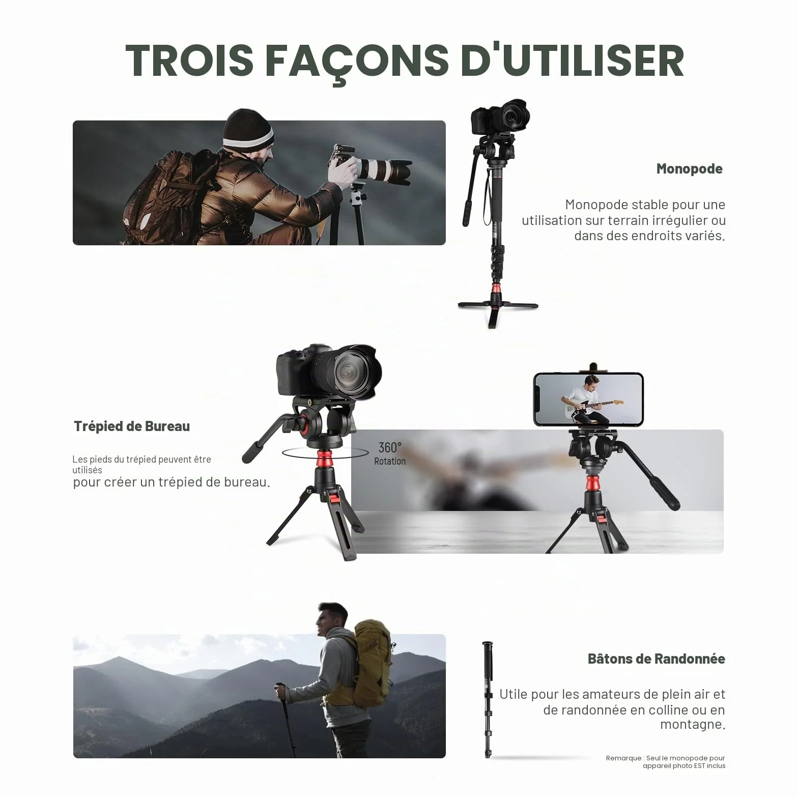 NEEWER GM76 Monopode professionnel pour appareil photo avec pieds, télescopique, portable, en aluminium, tête fluide, inclinable, pied amovible, pour appareil photo reflex numérique, charge maximale 6
