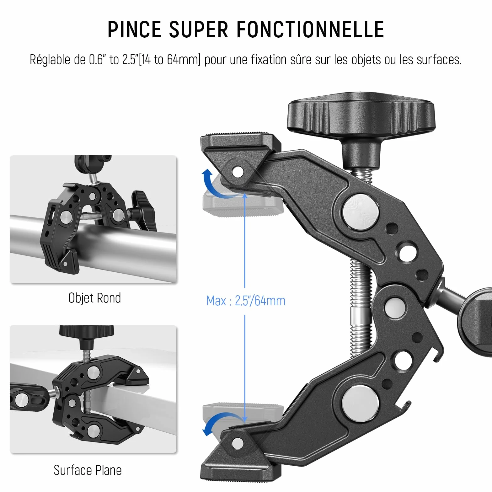 NEEWER Super Pince avec Bras Magique à Double tête sphérique de 7,6cm Griffe Froide Filetage 6,35mm Adaptateur Montage téléphone/action cam pour trépied Bureau Compatible avec SmallRig GoPro DJI, ST83
