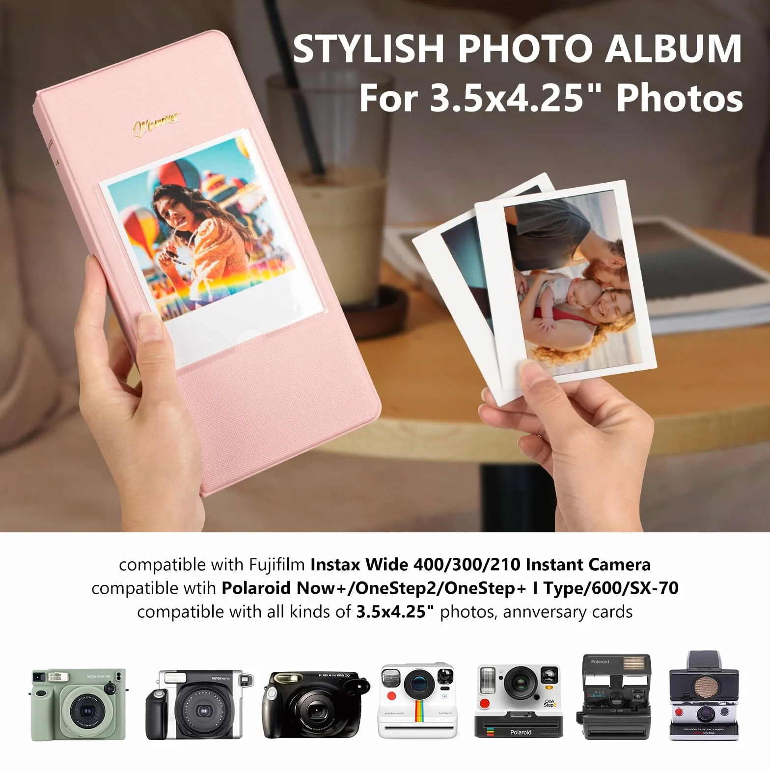 Album photo à 64 pochettes pour Fujifilm Instax WIDE 400/WIDE EVO, livre photo en cuir PU pour Instax Wide 300/210/200/Polaroid 600 i-Type Photo – Album photo 8,9 x 10,9 cm – Rose