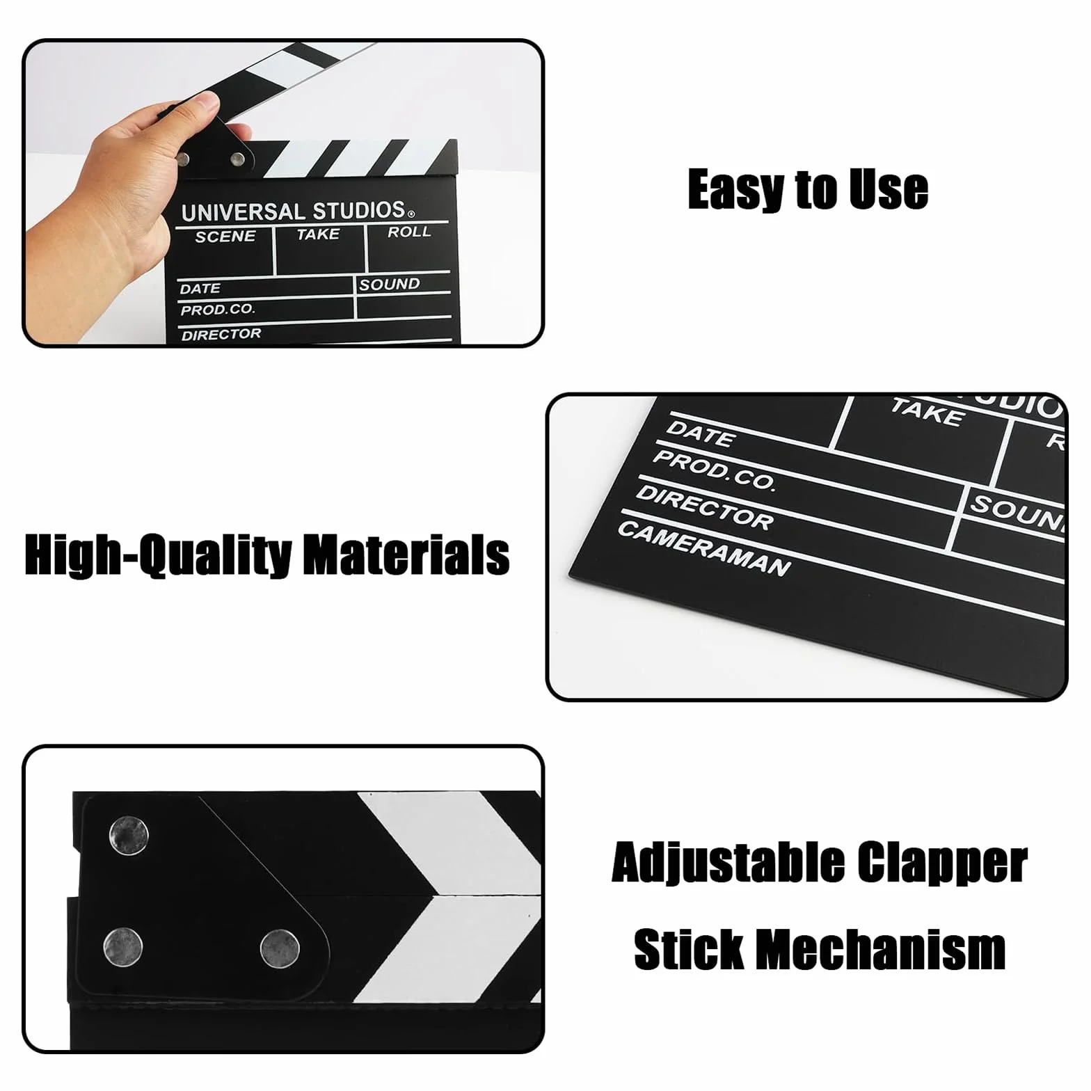 Rabat de Film,Clap de Cinéma Professionnel en Bois Clap de Réalisateur avec Ardoise Synchronisée Effaçable pour Films Séries TV Publicités Fêtes Adultes et Photomaton