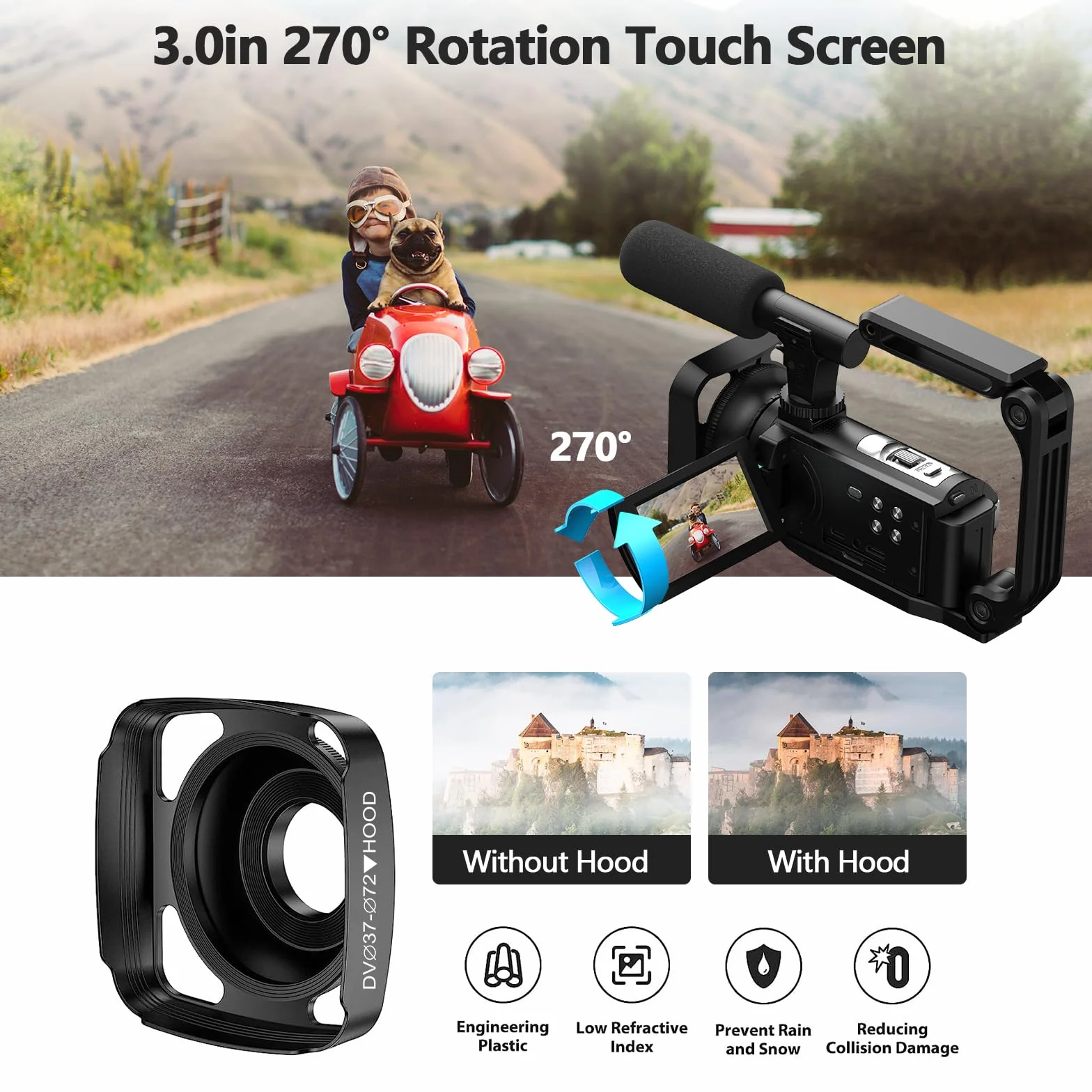 Caméscope 5K 56MP Vidéocaméra YouTube avec Microphone Trépied Stabilisateur, Vision Nocturne WiFi, Zoom 16X, Carte SD 64GB, 2 Batteries