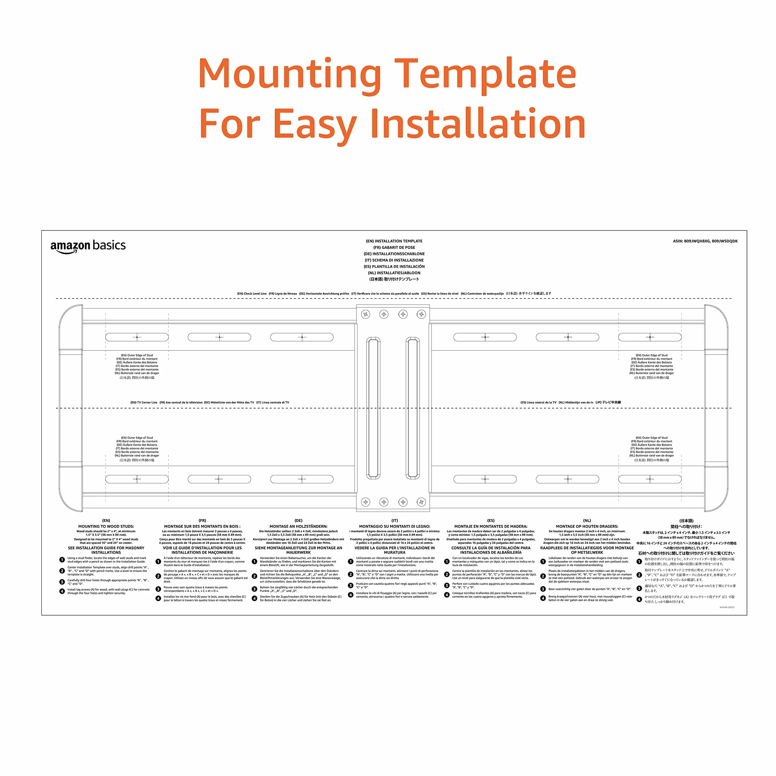 Amazon Basics Support mural fin pour télévision - Position horizontale ajustable après installation, 1 pièces, Pour (32 à 86 pouces), 81.2 à 218 cm, Noir
