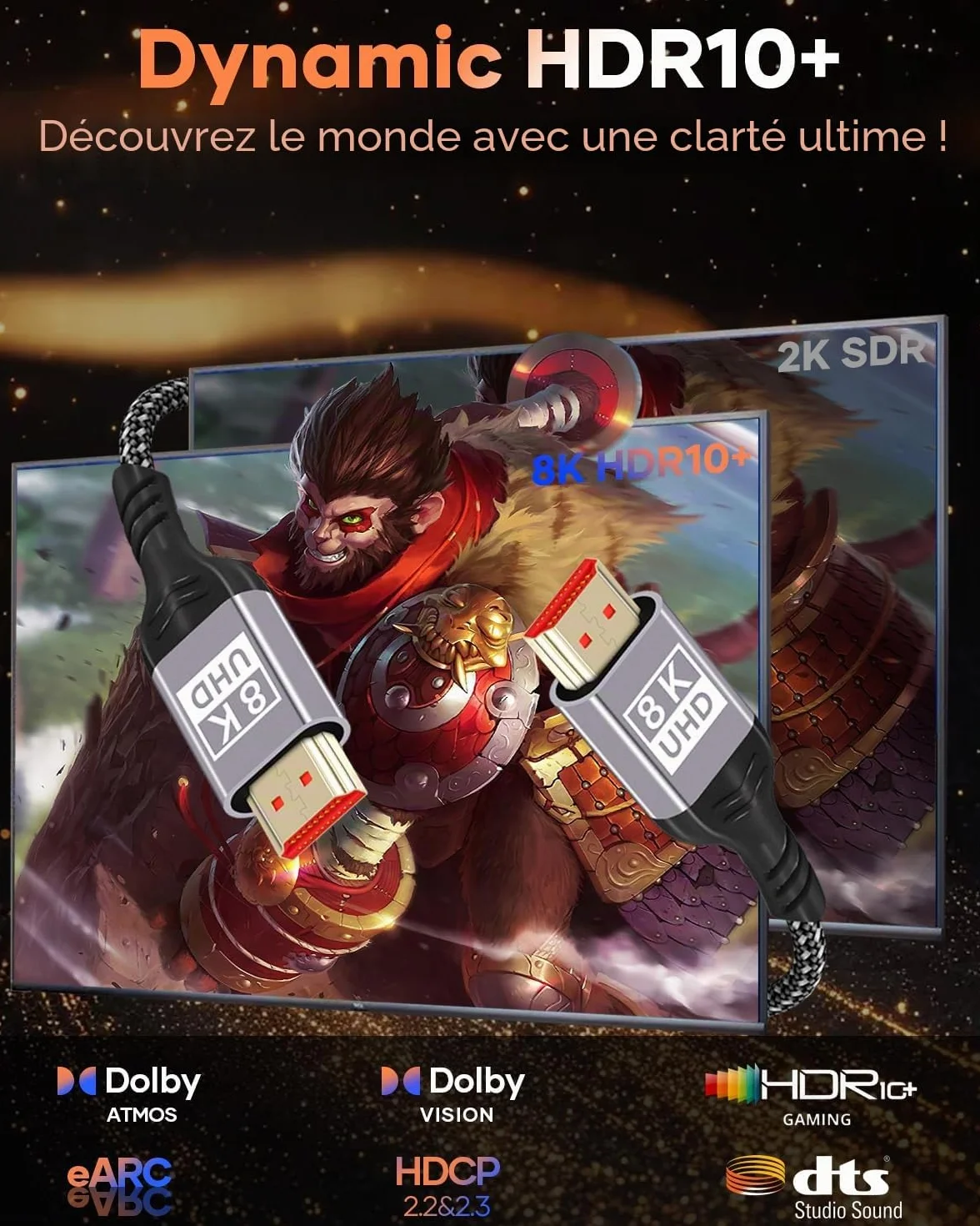 Câble HDMI 2.1 8K 5m 48Gbps 8K@60Hz 4K@144Hz eARC HDR10 HDCP 2.2 Dolby Atmos pour HDTV PS5