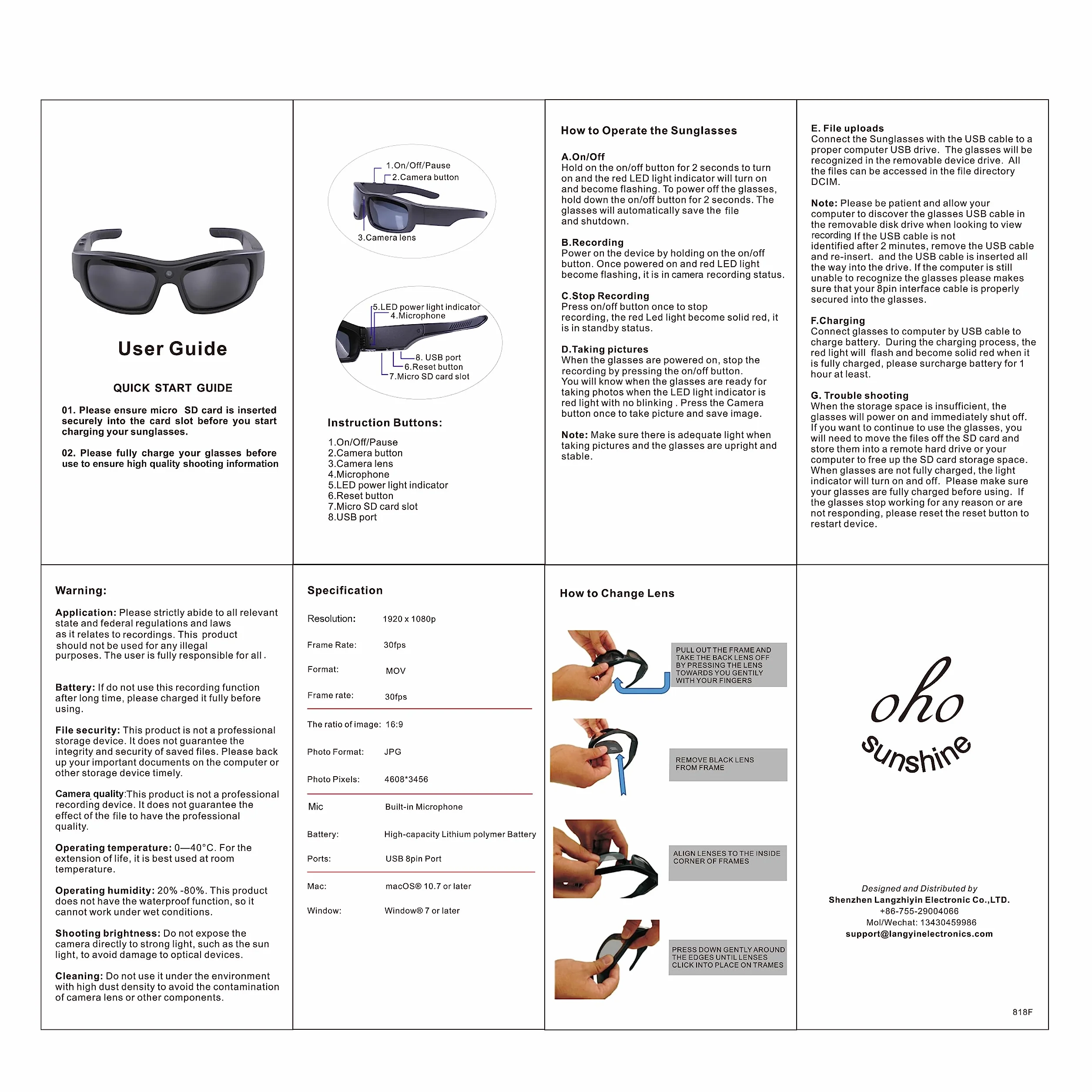 OhO Lunettes de soleil vidéo 32 Go 1080p Full HD avec caméra intégrée 15 MP et protection UV400 polarisée et lentille interchangeable