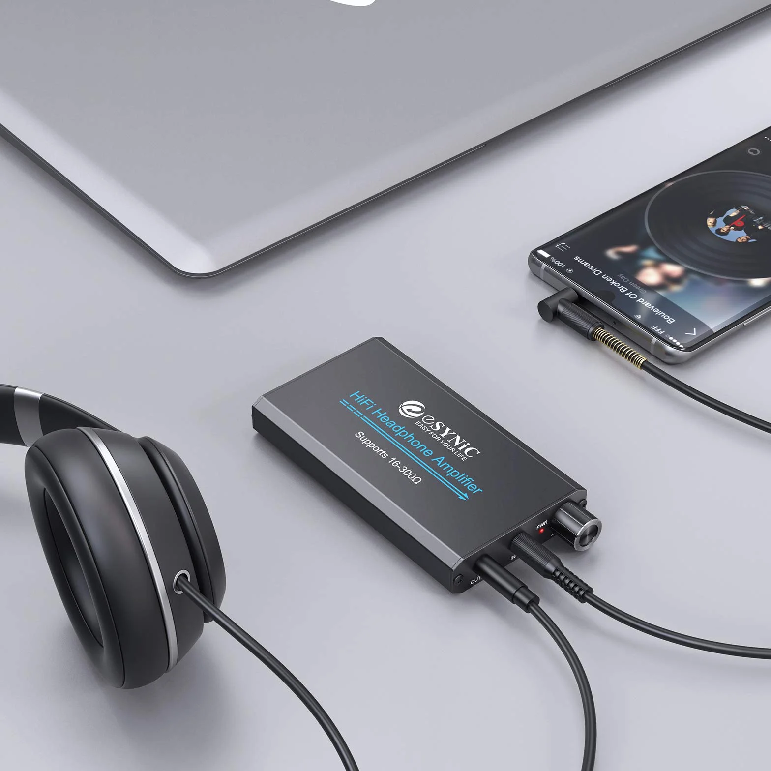 eSynic Ampli Casque Amplificateur Audio Professionnel Amplificateur Portable（Épaisseur 1,8 cm）Interface Stéréo 3,5 mm pour Lecteur MP3 Smartphone Ordinateur Portable avec câble d'alimentation USB-Noir