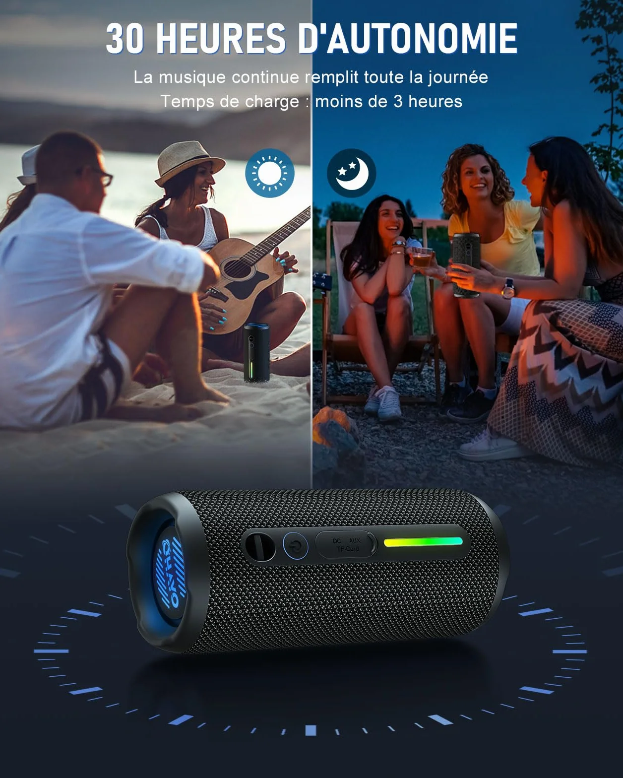 OHAYO Enceinte Bluetooth Puissante 24W IPX7 Étanche 30h Autonomie Bass Boost Portable
