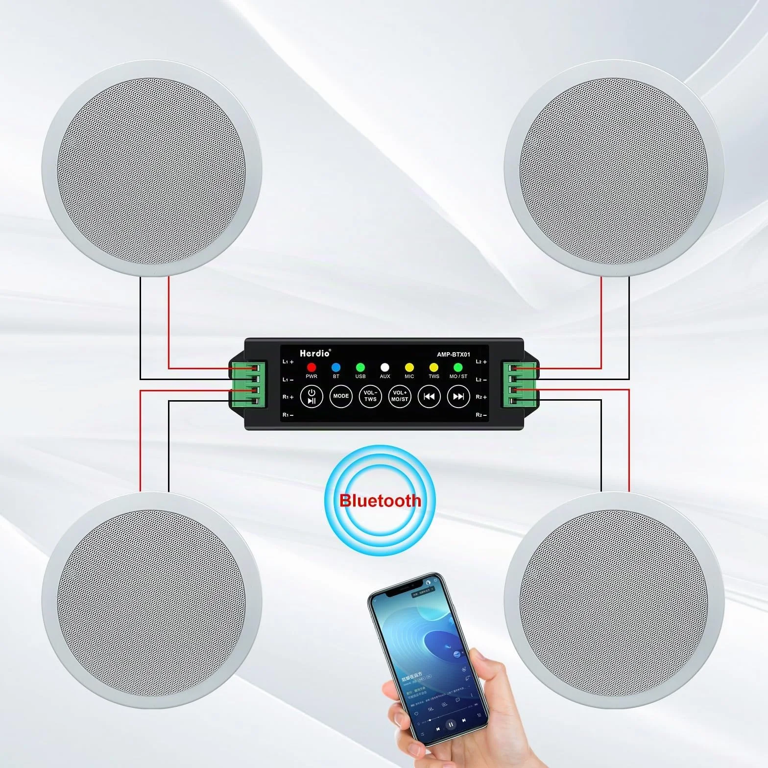 Herdio 5,25 Pouces 600 Watts Bluetooth Enceinte Encastrable Plafond 4 Haut-parleurs