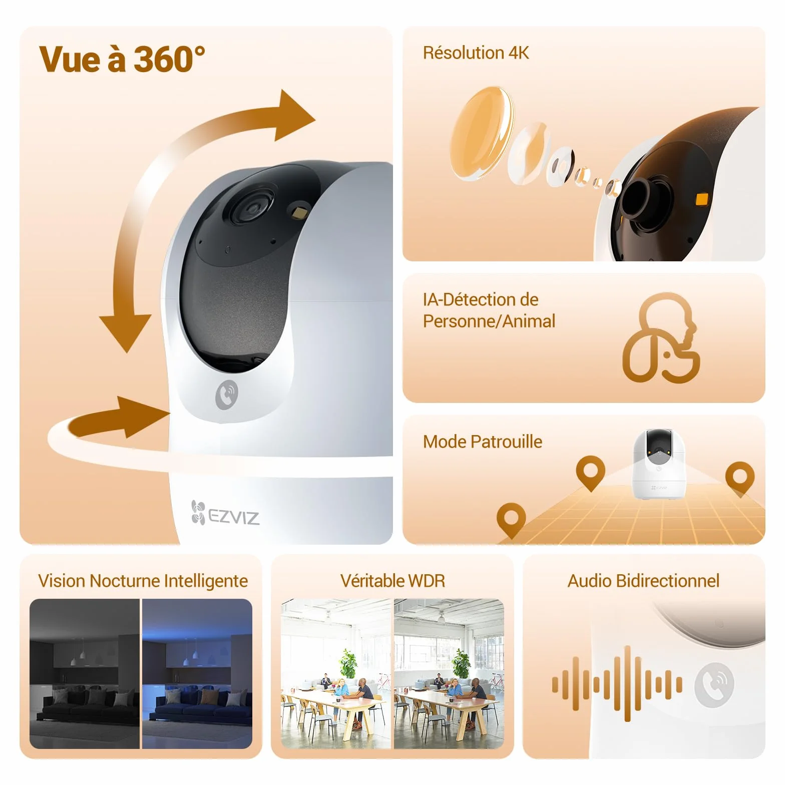 EZVIZ C6N G1 4K Caméra Surveillance WiFi Intérieure 360° Vision Nocturne Couleur WDR