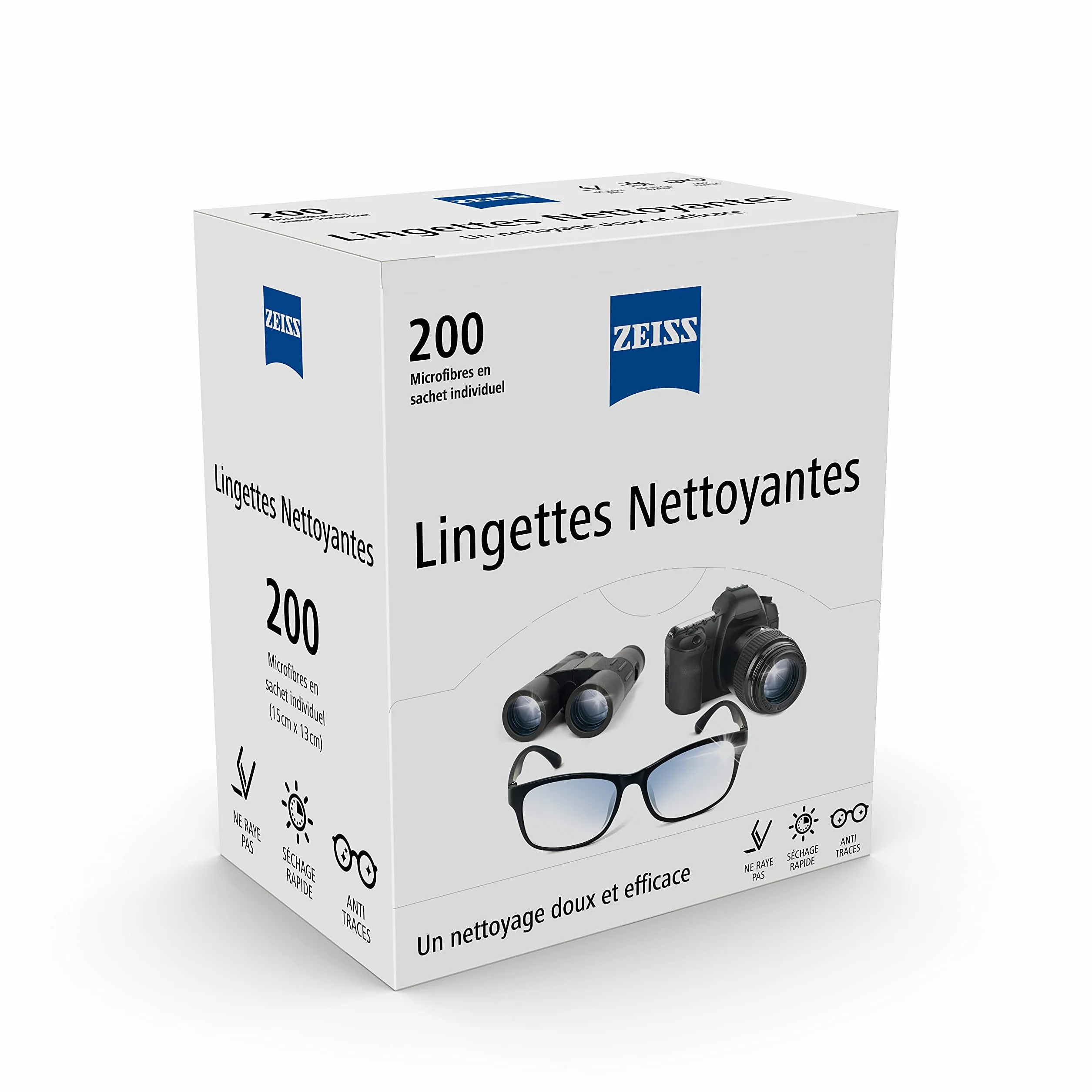ZEISS - Lingettes Nettoyantes pour Lunettes, Écrans, Smartphones et Appareils Photos, sans Risques de Rayures avec Séchage Rapide, Sachet au Format Individuel 15cm X 13 cm, Pack de 200
