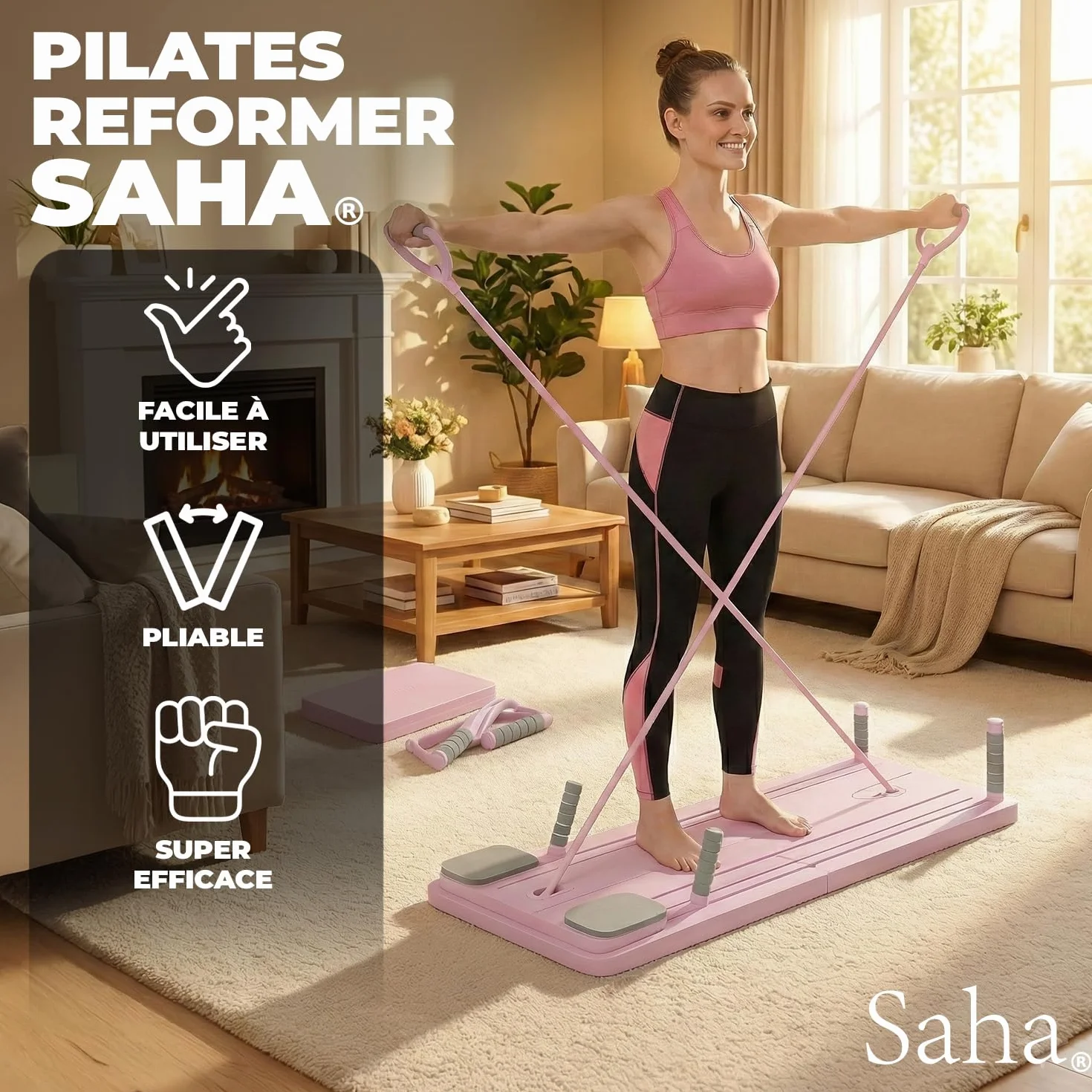 Saha Planche Pilates Reformer Rose Appareil Abdos Fitness Maison Bandes Résistance Poignées Timer Yoga Gainage Musculation
