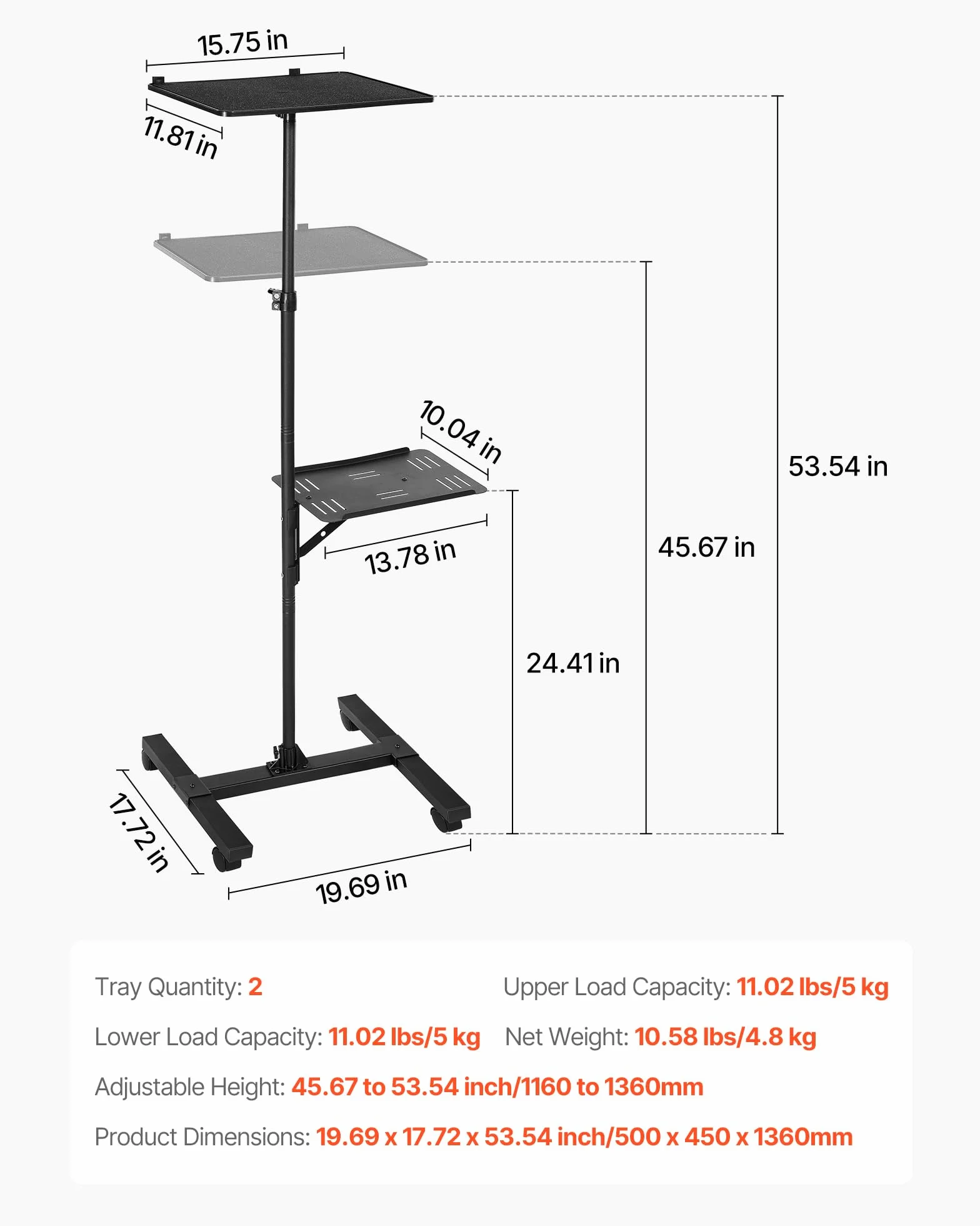VEVOR Support de projecteur avec roulettes, hauteur réglable 86-136 cm, 2 plateaux, pour cinéma plein air