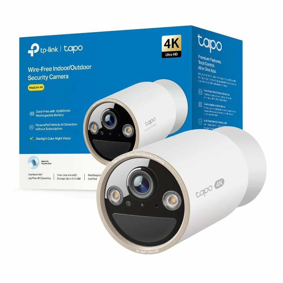 Tapo C460 Caméra de Surveillance Extérieure 4K 8MP, Batterie 10000mAh, Vision Nocturne Couleur Starlight, Wi-FI Dual-Band, Base Magnétique, Détection AI Gratuite