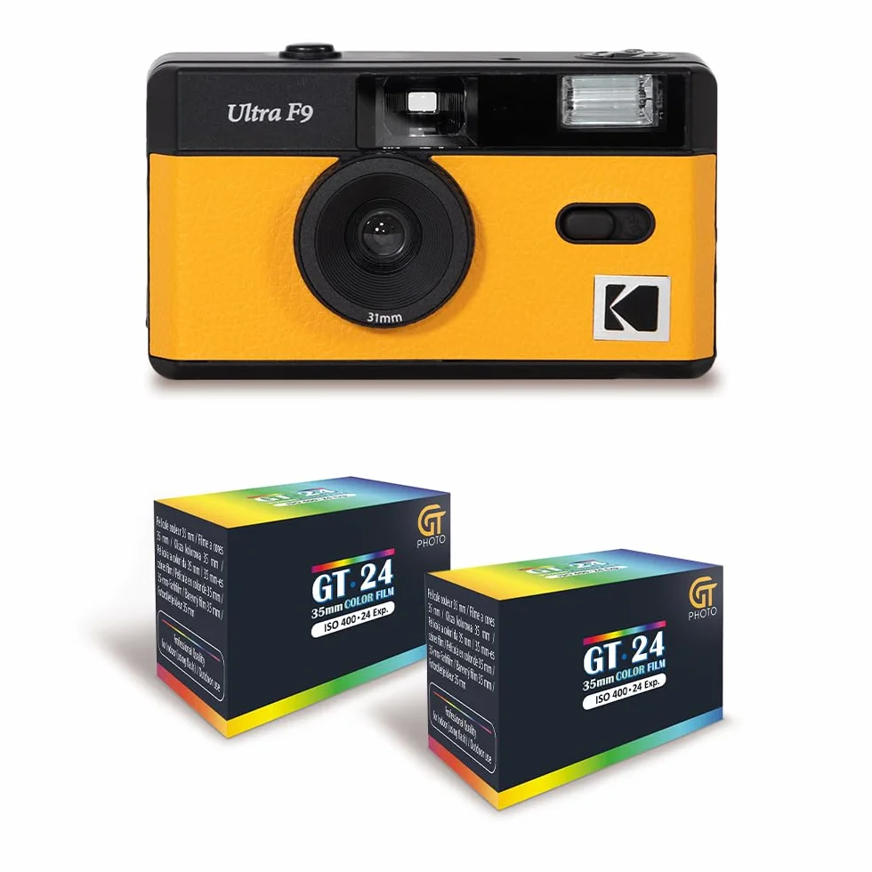 KODAK Ultra F9 - Appareil Photo Argentique Réutilisable 35mm, Objectif Fixe 31mm F/9, Flash Intégré, Chargement Facile, Rembobinage Manuel - Jaune + 2 Pellicules Couleur 24 Expositions