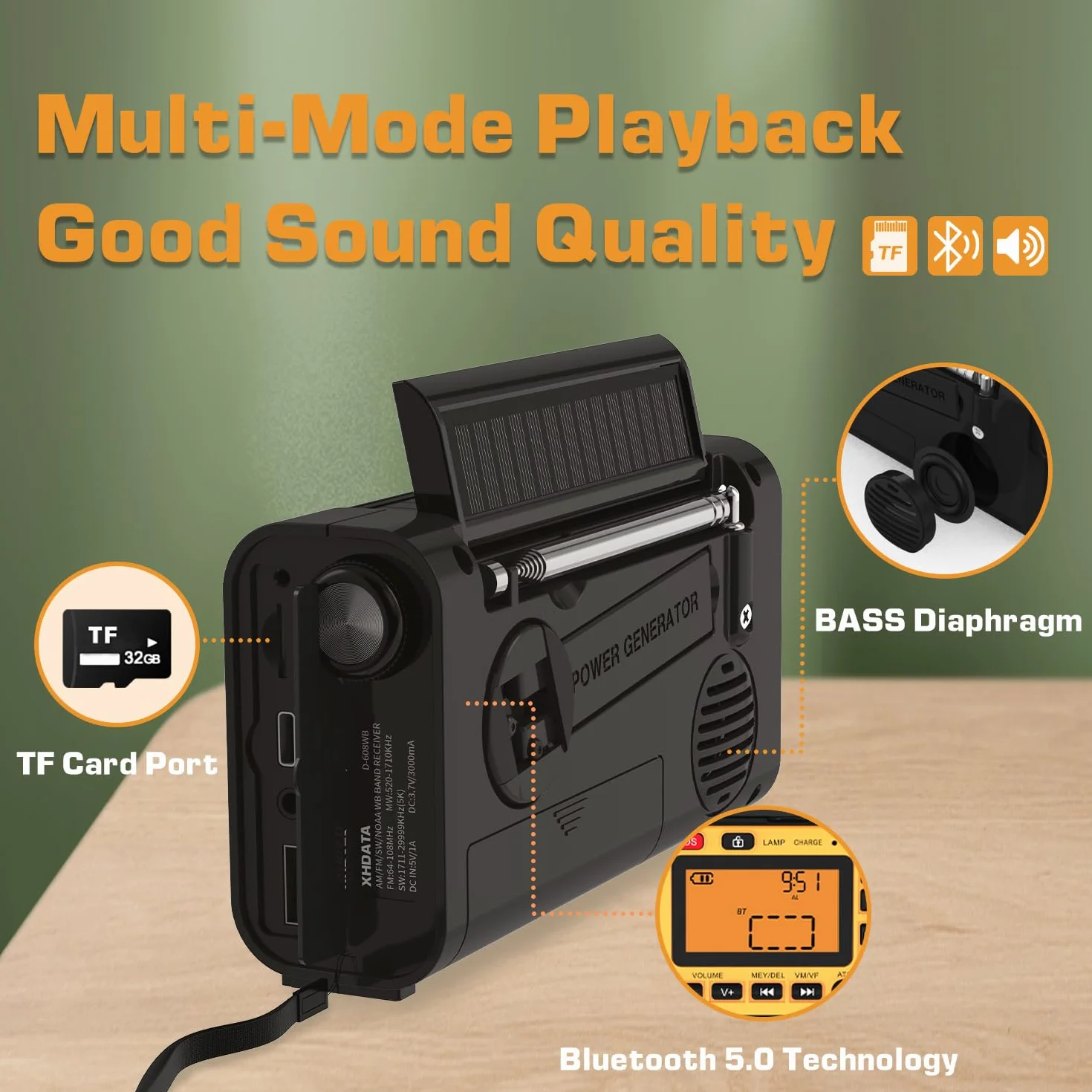 XHDATA D-608WB Radio Portable de Survie FM MW SW Bluetooth Carte TF Manivelle Panneau Solaire Lampe Torche SOS USB Camping Urgence