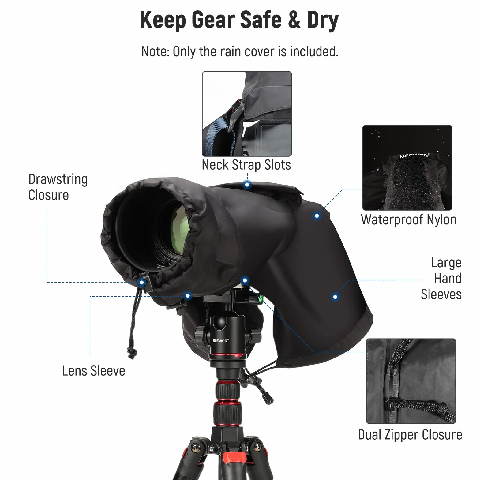 NEEWER Housse de Pluie pour Caméra, Imperméable en Nylon de Petite Taille Compatible avec Canon Sony Nikon DSLR Vlog Camera & Objectifs Jusqu'à 200mm, avec Fenêtre de visualisation, PB003