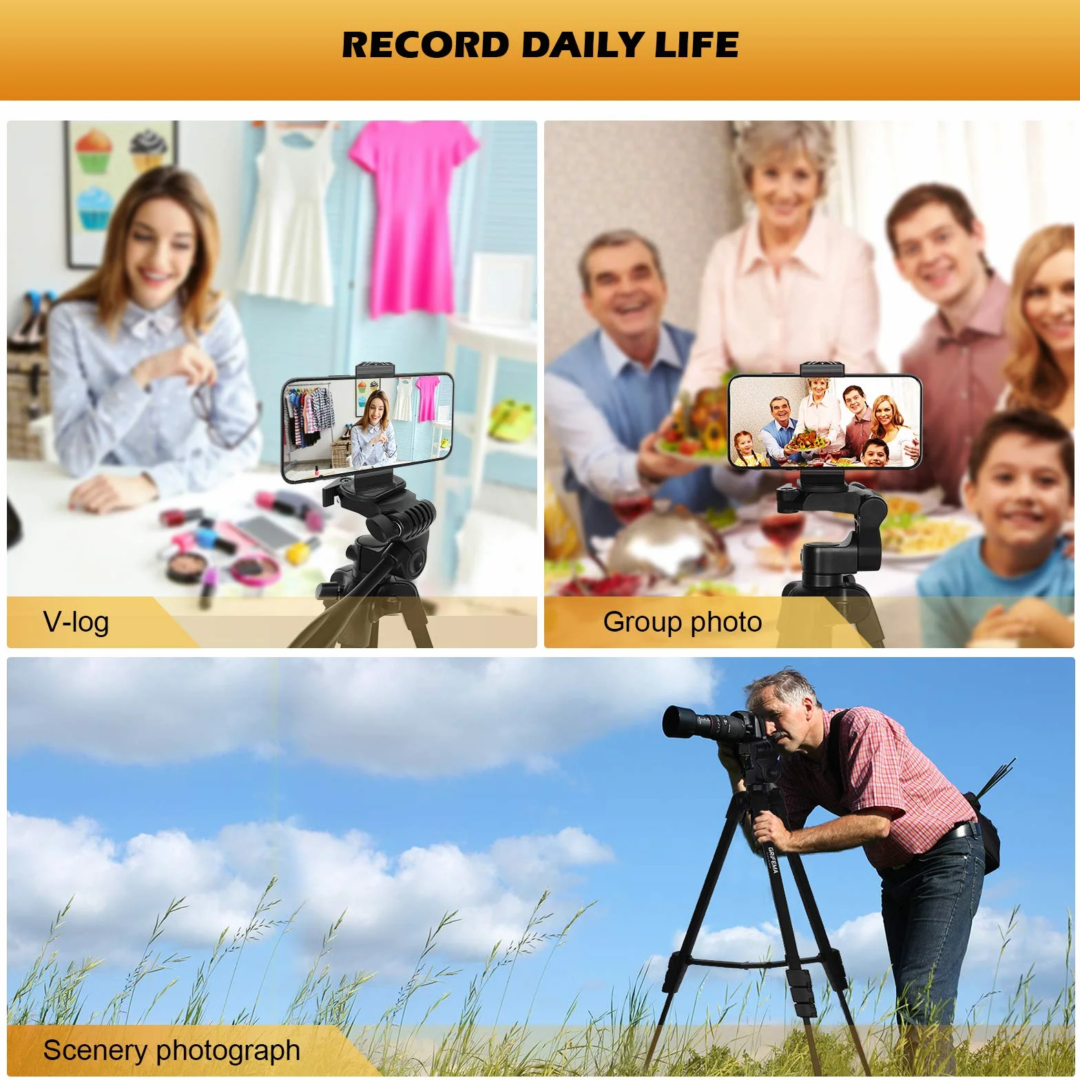 GRIFEMA Trepied Smartphone Pied Appareil Photo Pliable, 55”/140cm Alluminio Trepied Telephone avec Télécommande bluetooth et Support de fixation, Compatible avec iPhone/Android/Appareil Photo, GB1001