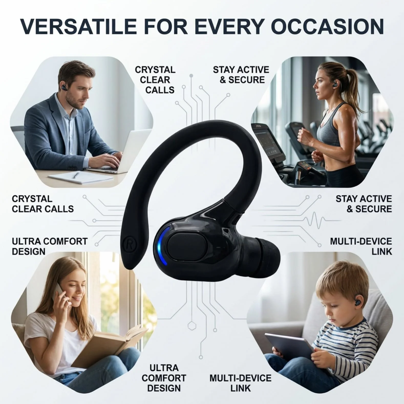 Oreillette Bluetooth Sans Fil V5.2 avec Micro Intégré, Écouteur Mono Main Libre Bluetooth, Tour d’Oreille 360°, Réduction de Bruit, 20 h d’Autonomie, Compatible avec iPhone, Android, Conduite, Sport