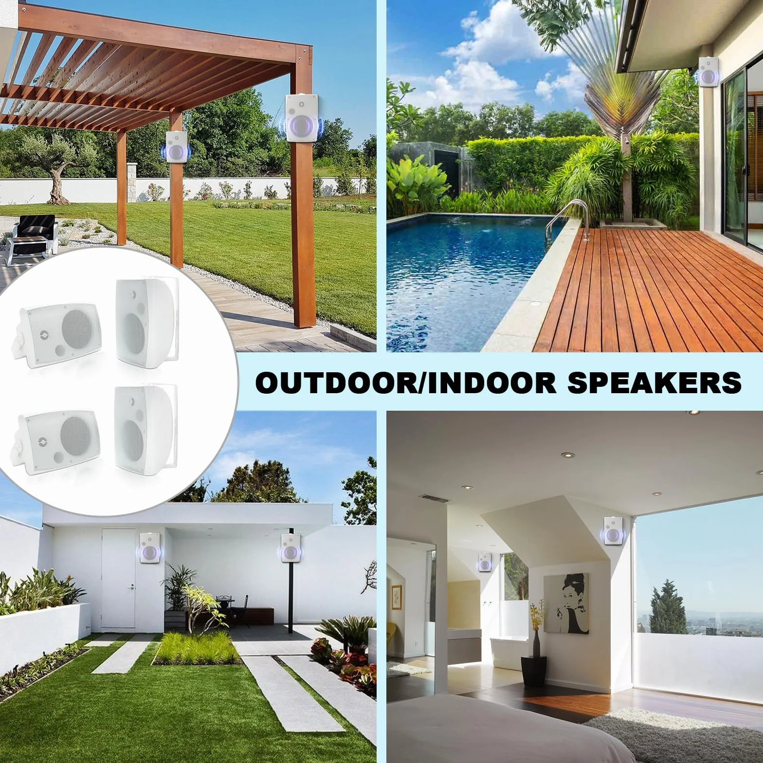 Herdio 6,5 Pouces 800 W Haut-parleurs Bluetooth d'extérieur, filaires étanches avec amplificateur Multifonctionnel, Haut-parleurs muraux pour terrasse, Piscine, Jardin (Blanc)