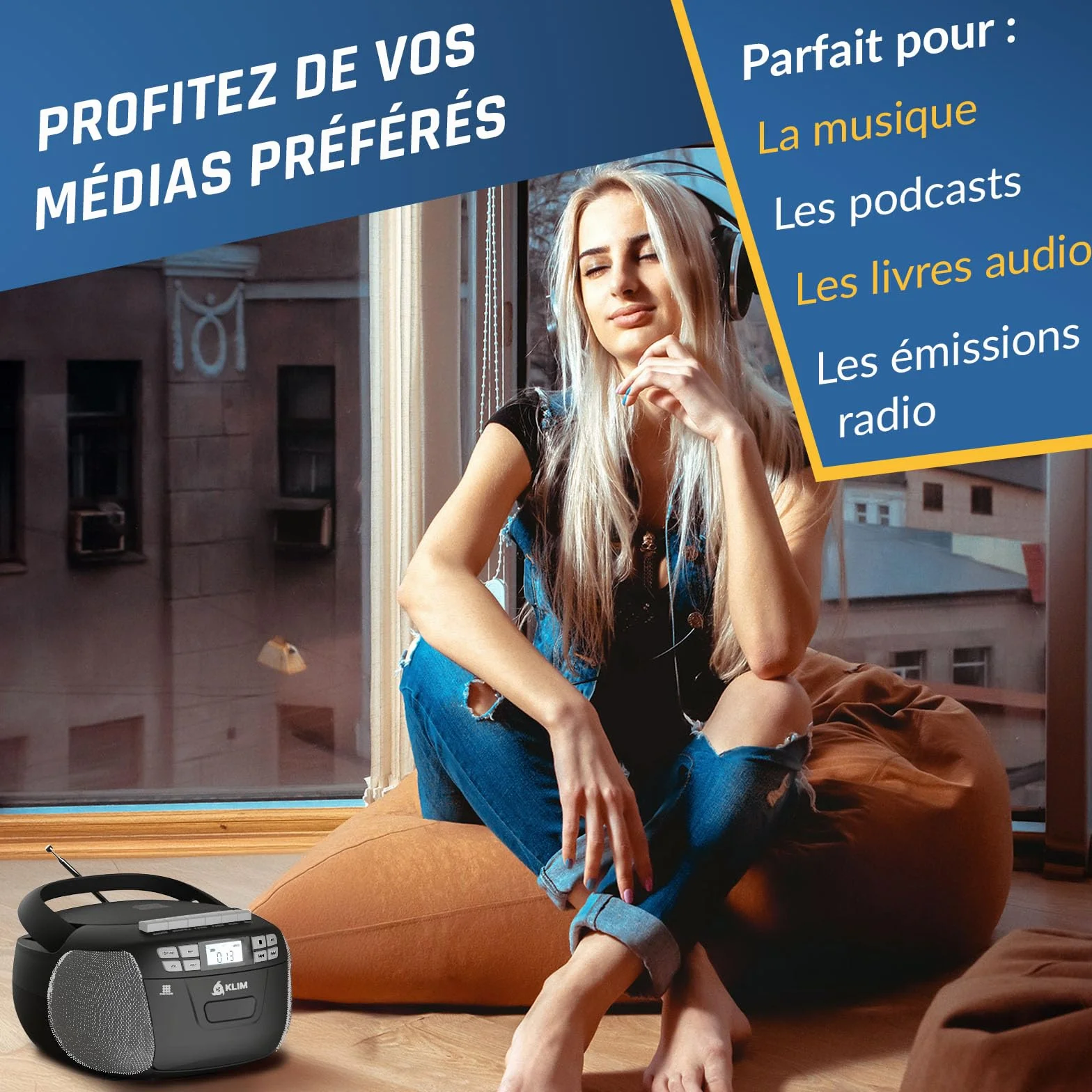 KLIM Lecteur CD Cassette Audio AM/FM Radio Bluetooth Stéréo Argent