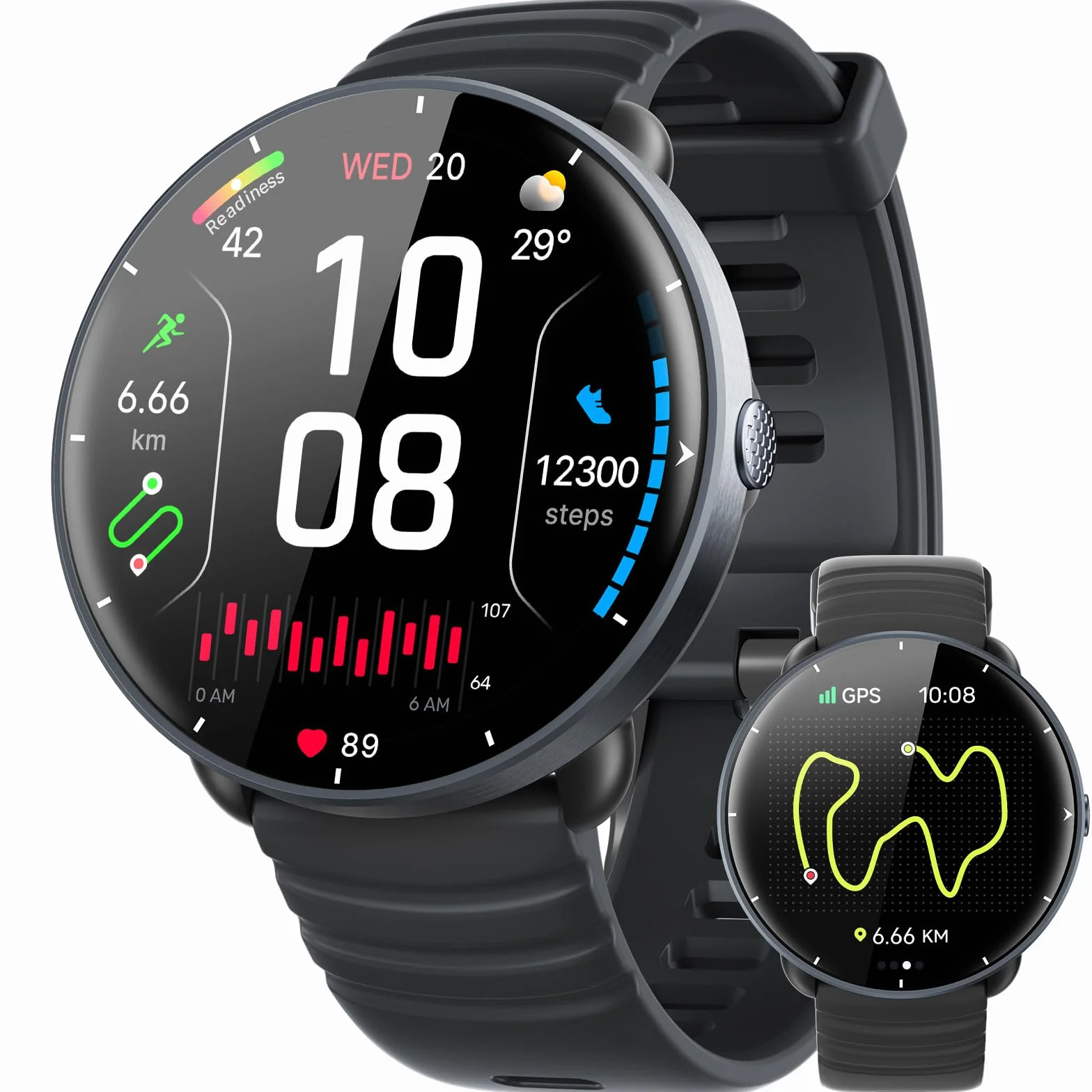 Parsonver Montre Connectée avec GPS Intégré, 5ATM Étanche Smartwatch Natation pour Piscine/Eau Libre, Montre Connecté avec AMOLED Écran, 100+ Sports,Fréquence Cardiaque,Sommeil (Noir, 42 mm)
