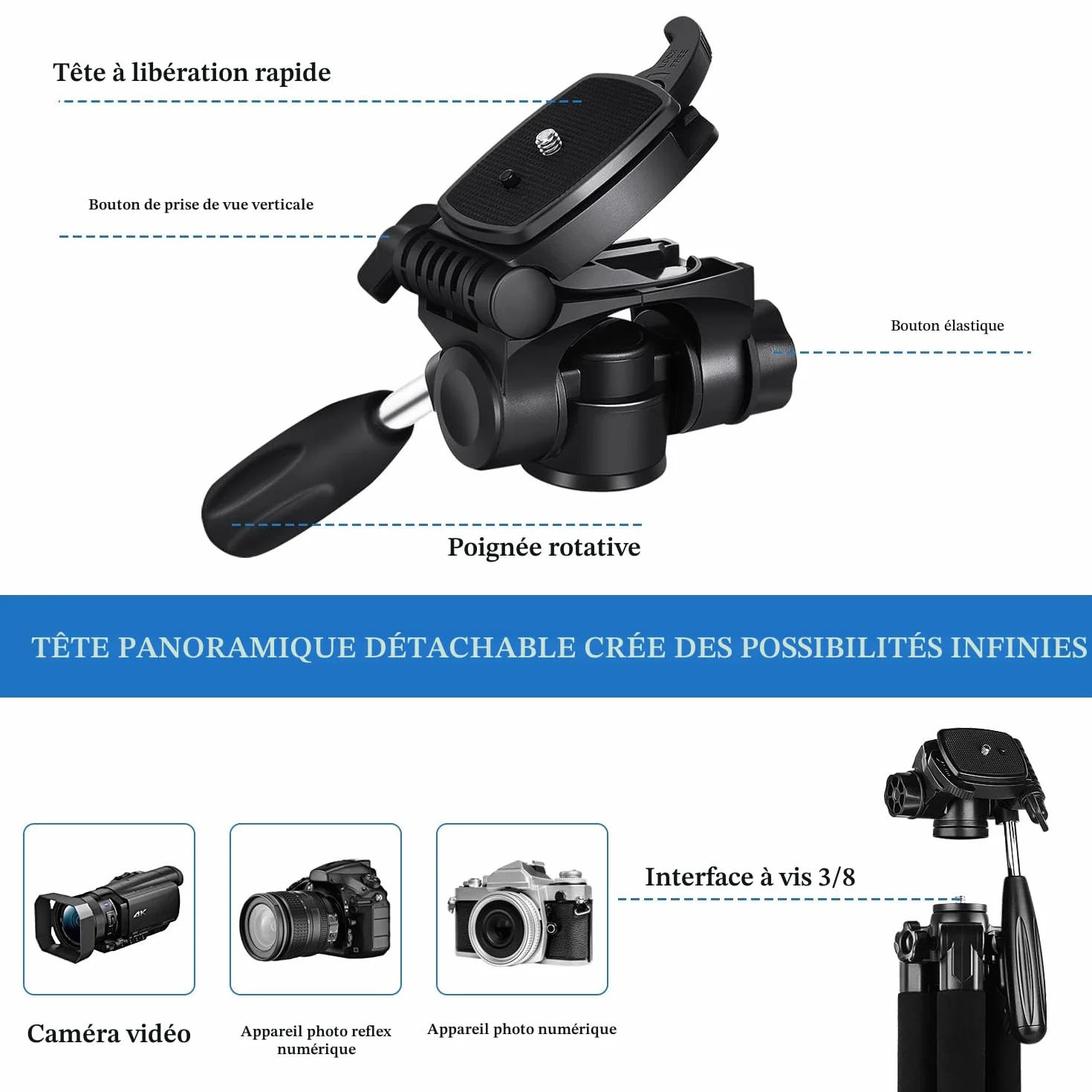 Trépied Appareil Photo pour Smartphone 187cm, JOILCAN Trépied Caméra avec Tête Pan Amovible à 3 Voies, Aluminium Portable Trepied pour Nikon Canon Sony DSLR, Téléphone Support pour iPhone (Noir)