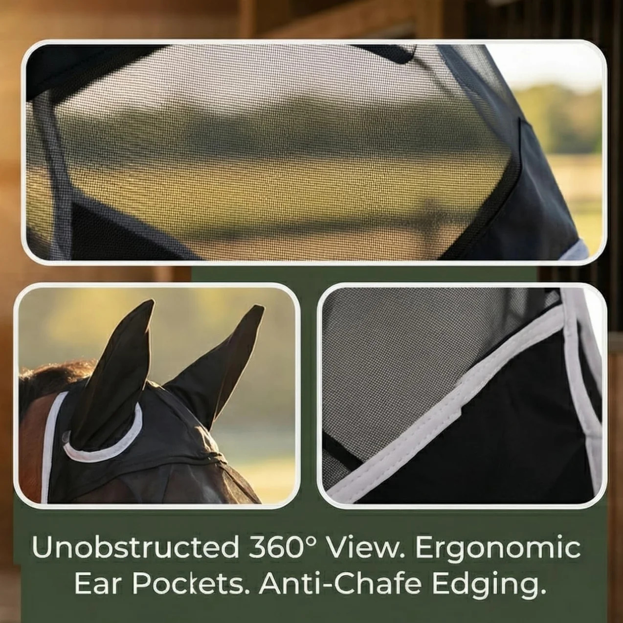 Masque Anti Mouche Cheval Noir avec Oreilles One Piece, Protection Anti-Tau pour Chevaux (L)