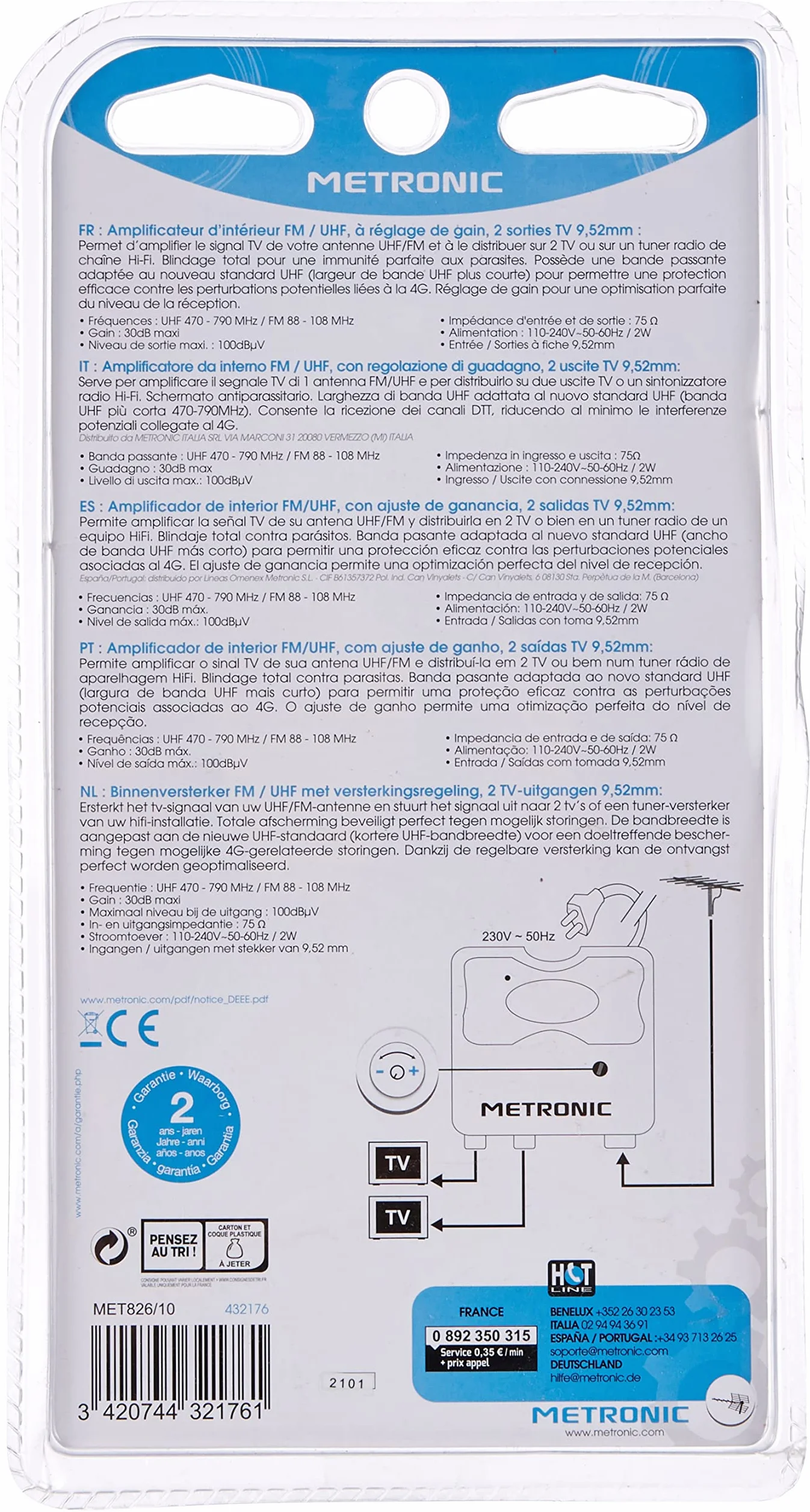 Metronic 432176 - Amplificateur intérieur avec réglage du gain FM-UHF, gain réglable jusqu'à 30 dB, protection 4G, prises TV, diamètre 9,52 mm, couleur : blanc