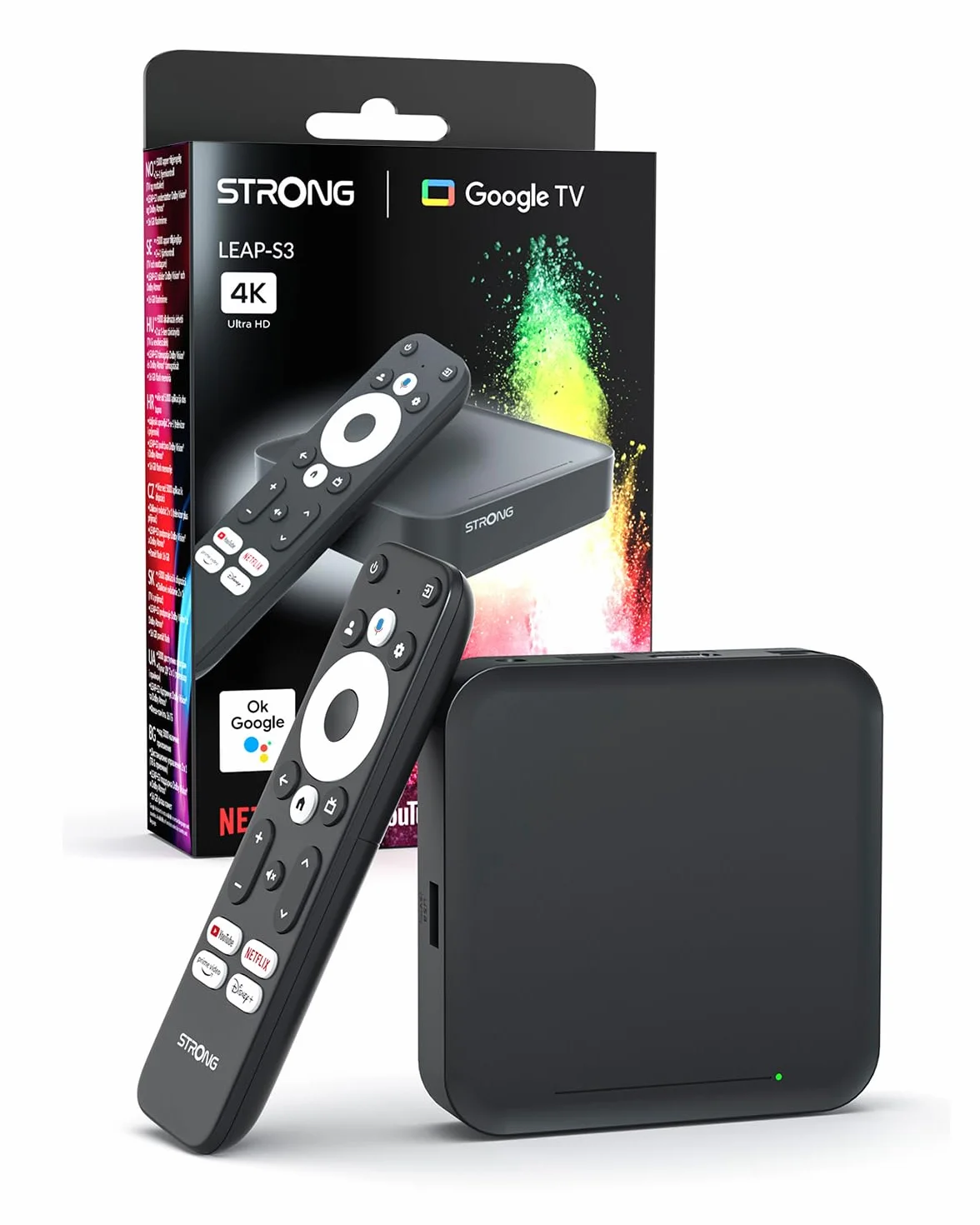 STRONG Leap-S3 Streaming Box Google TV 4K UHD avec Port Ethernet, 2GB RAM + 16GB Stockage, Chromecast Intégré, WiFi, Assistant Google Vocal, HDR10+, Dolby Audio & Dolby Vision