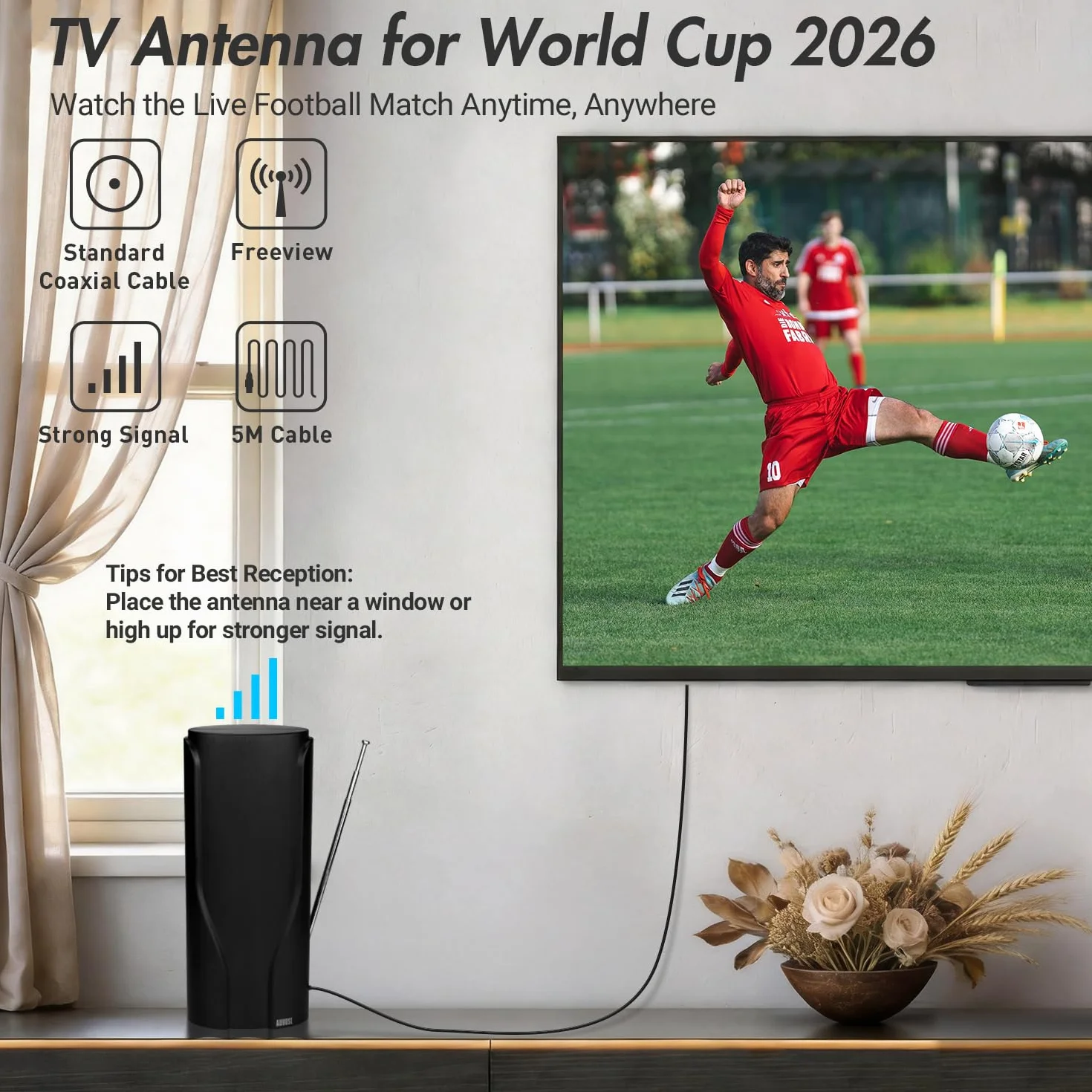 August DTA600 - Antenne TV Intérieur Puissante TNT HD - France Belgique, Portable, Télescopique, 360 Haut Gain DVB-T / T2 UHF VHF, Télévision Numérique Digital - 5m de câble Maison Universel - Noir