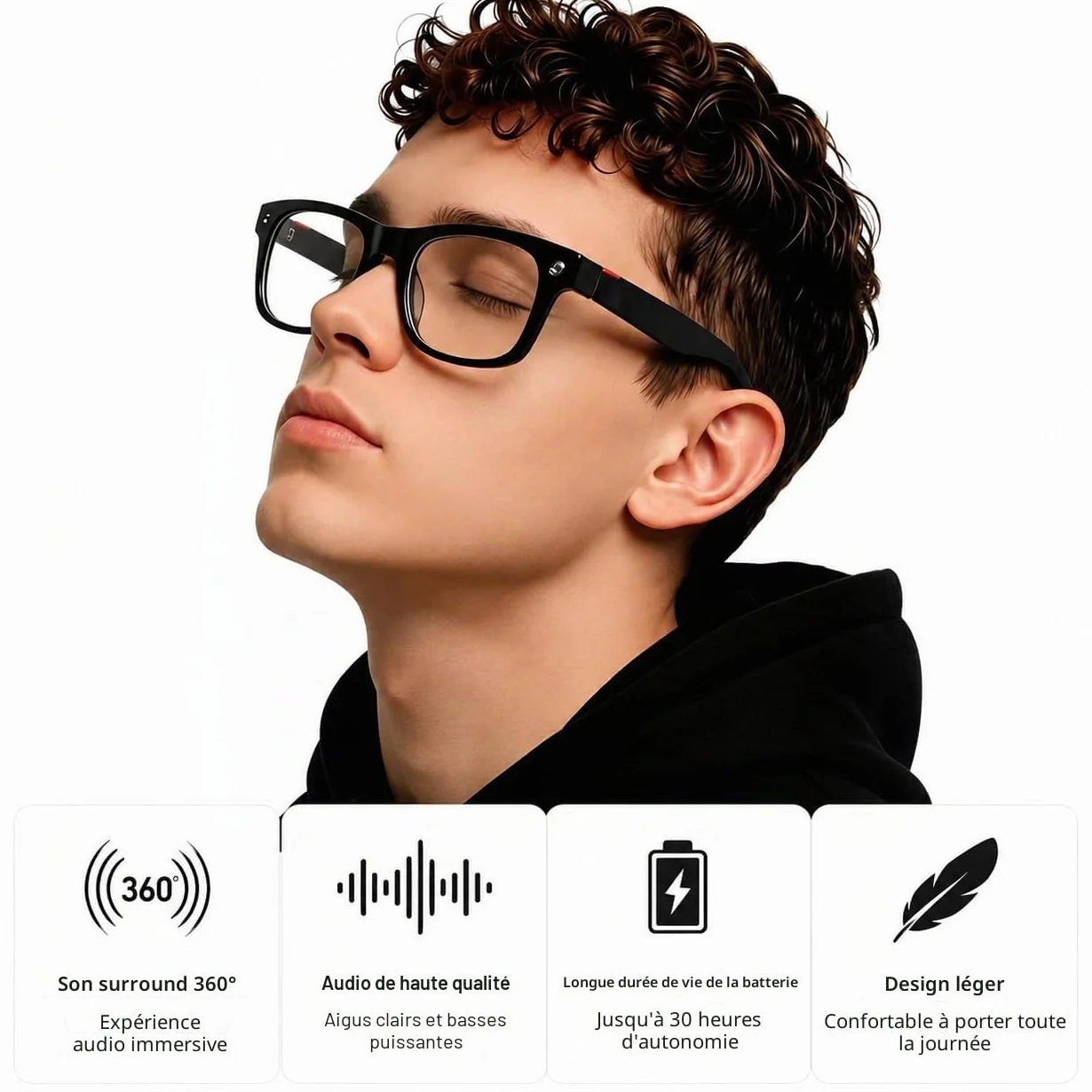 AI Lunettes intelligentes avec appareil photo - Lentille photochromique, appels Bluetooth, assistant vocal, lecteur de musique, traduction et enregistrement vidéo (1, noir)