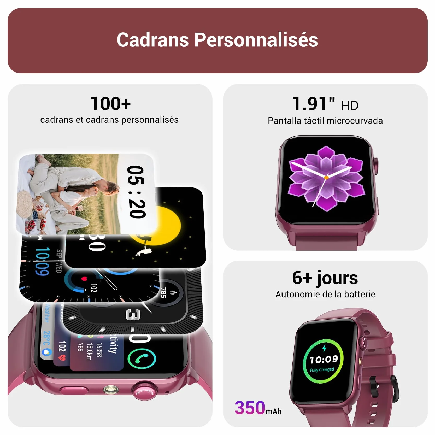 IOWODO Montre Connectée Femme, Appel Bluetooth, Écran 1.85" à LCD, Notifications Réseaux Sociaux, Cardiofréquence/Oxymètre/Analyse Sommeil, 100+ Modes Sports, pour Android& iOS(Violete)