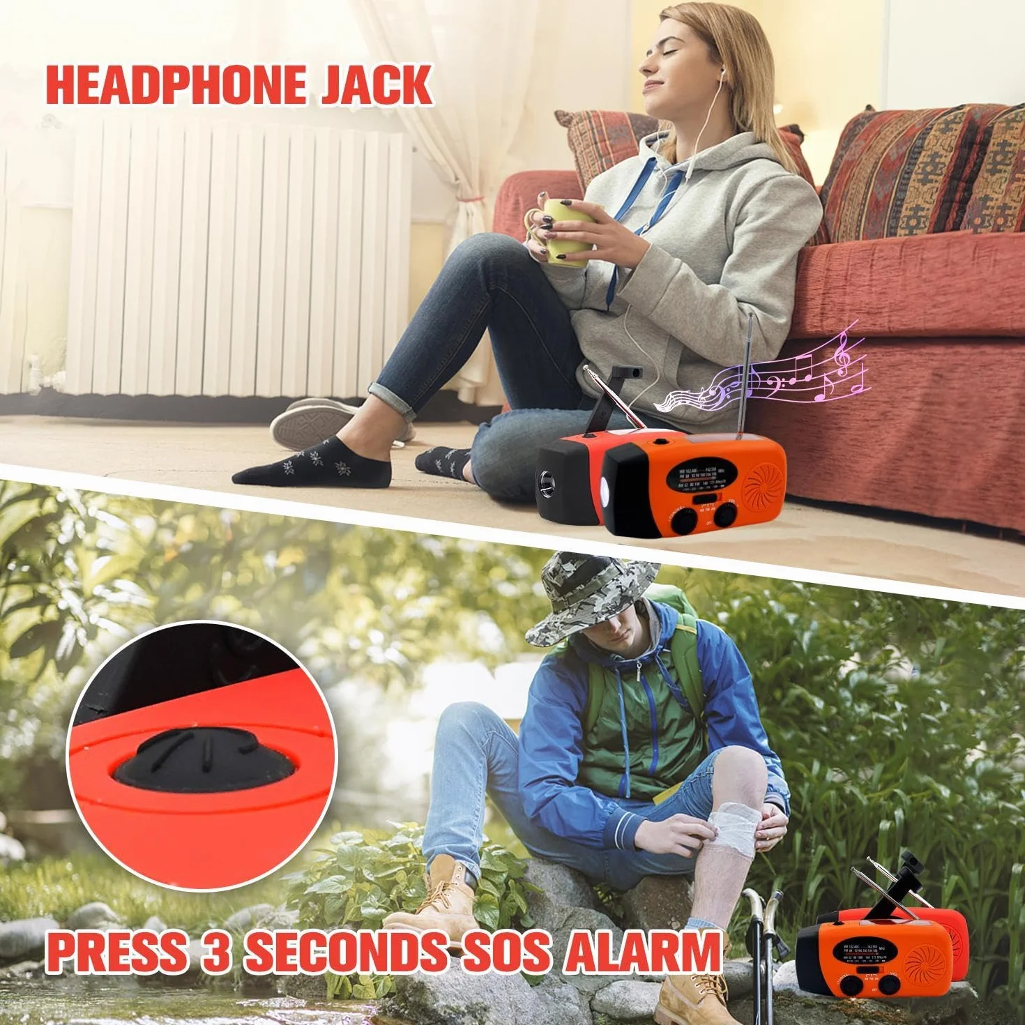 Radio Solaire 5000mAh Portable d'urgence à Manivelle Dynamo avec AM/FM Radio à Piles Dynamo, Survie Poche LED Charge de Téléphone à Manivelle pour la Randonnée et l'extérieur (Orange)