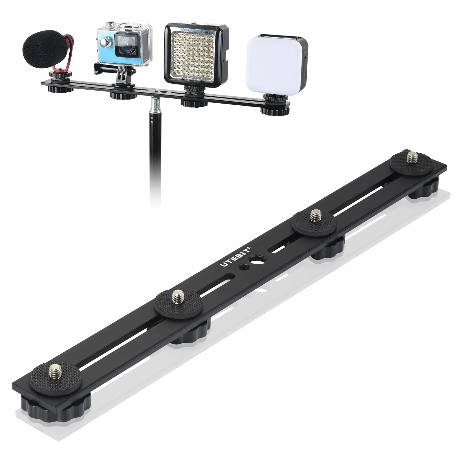 UTEBIT 13 in Support De Flash Double, Rail De Flash En Aluminium Avec Vis 1/4" Et 3/8", Support De Flash Pour Appareil Photo Avec Double Griffe Pour Appareil Photo DSLR, Lumière LED